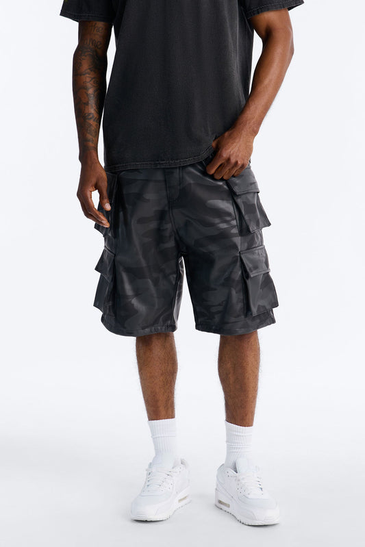 Faux Leather Camo Mirage Cargo Short - Grey