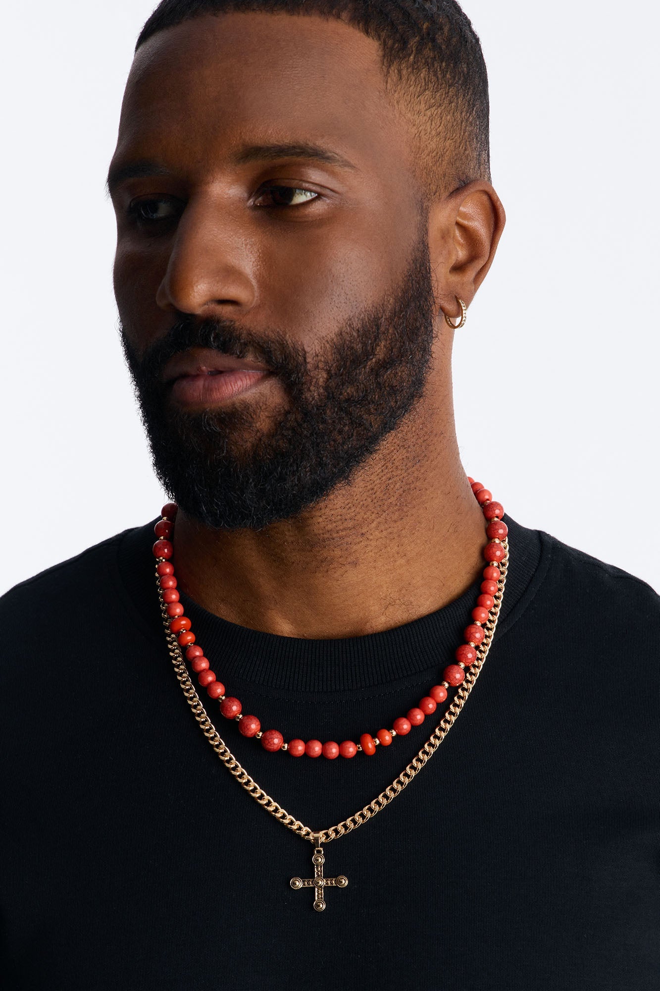 Layered Cuban Cross And Beaded Necklace Set - Gold/combo