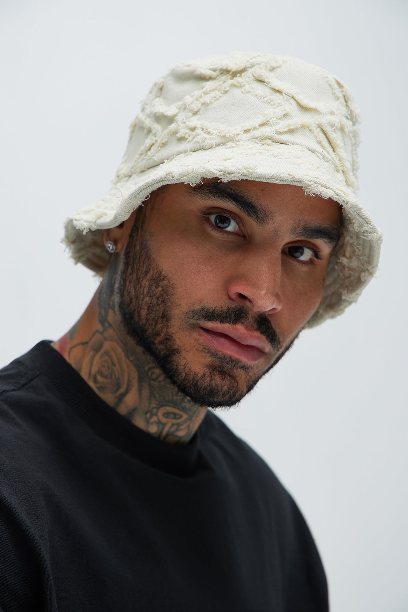 Frayed Denim Bucket Hat - White