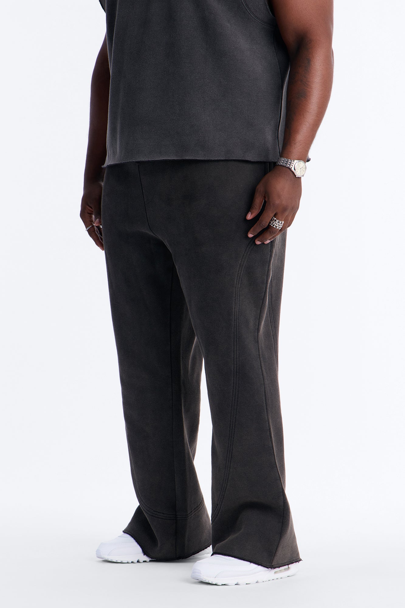 Washed Raw Edge Flare Sweatpant - Black Wash