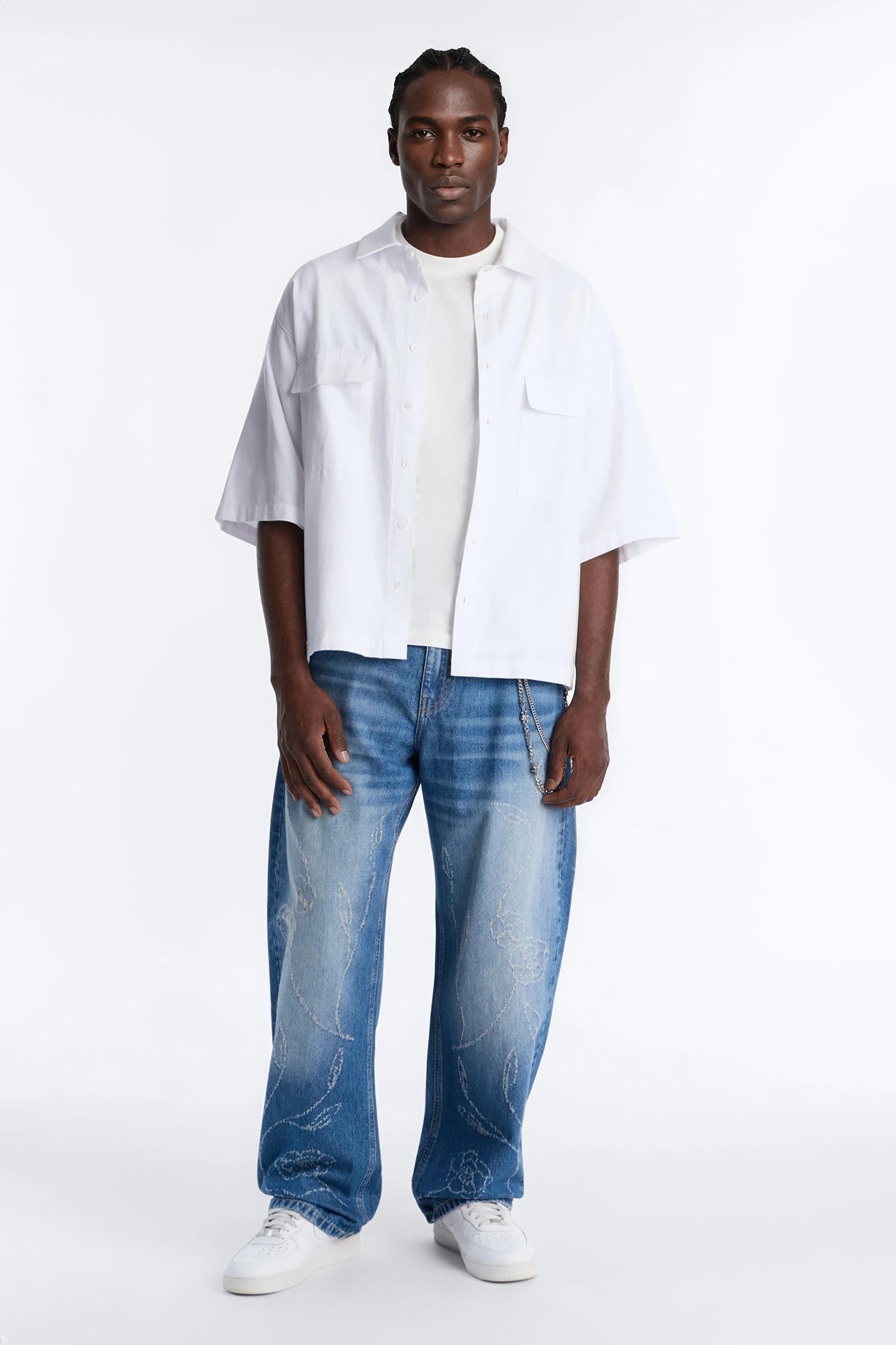 Barrel Etched Floral Jean - Medium Blue Wash