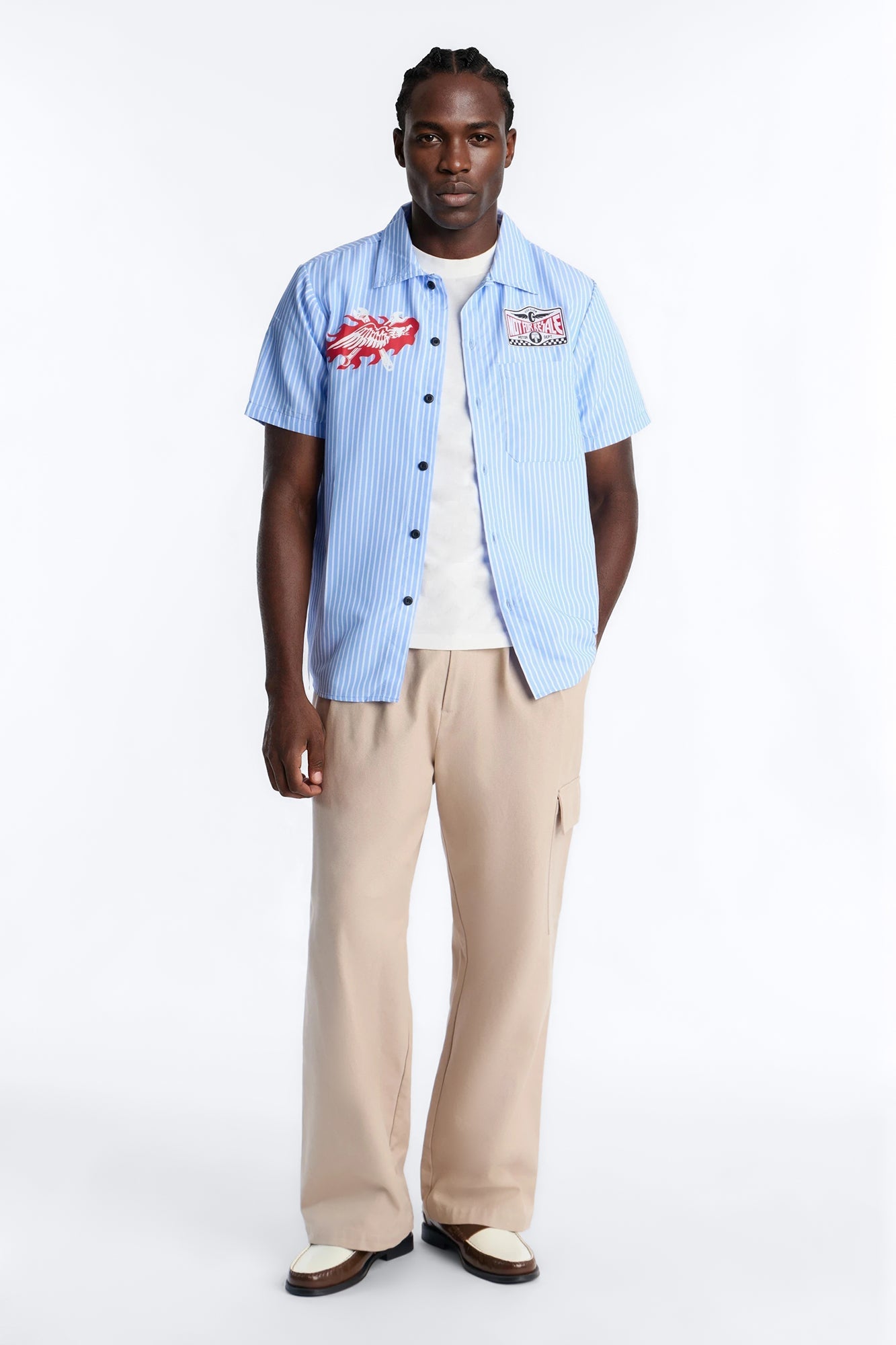 Cropped No Questions Asked Striped Button Up Shirt - Blue