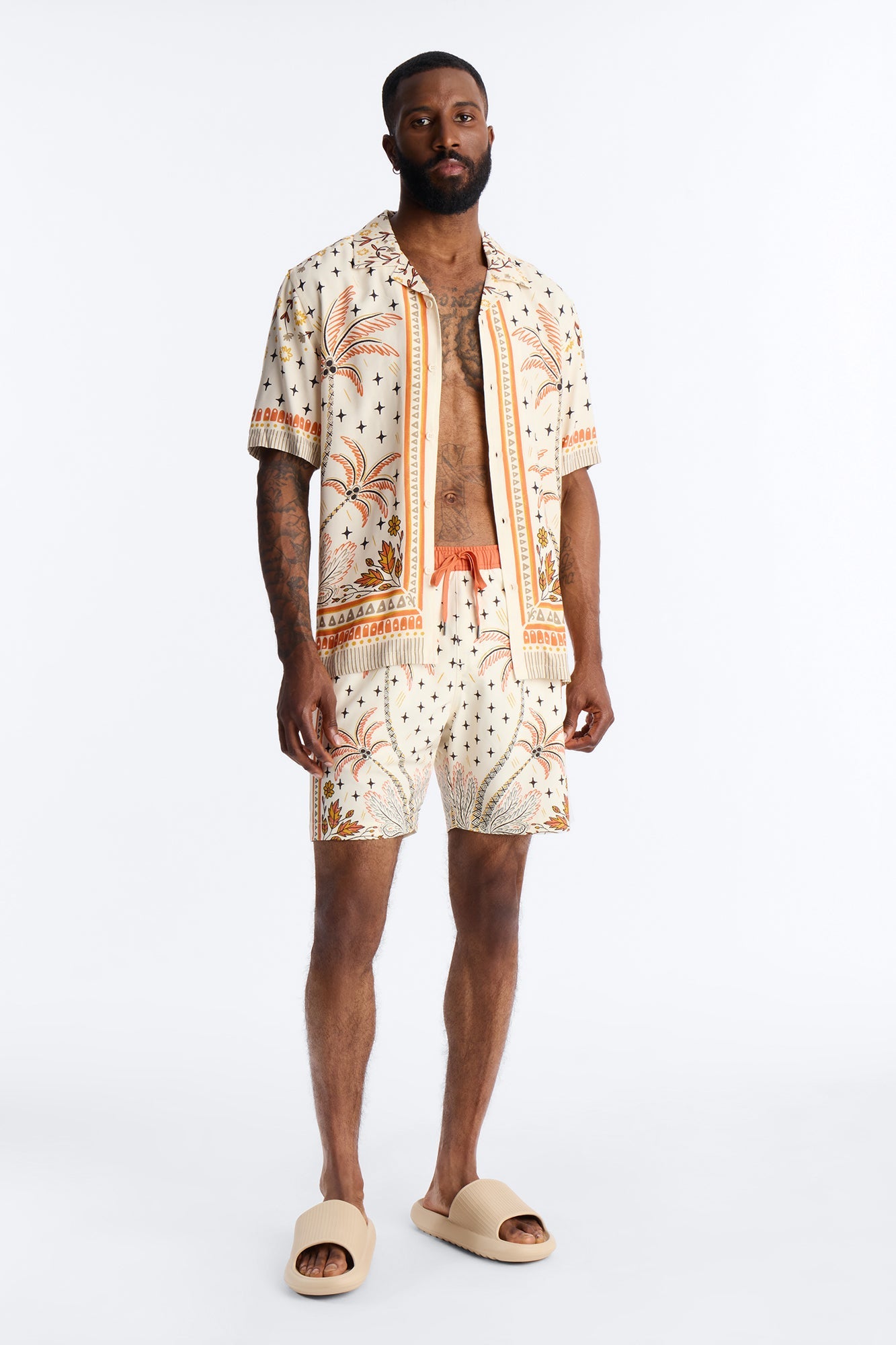 Tropical Twilight Resort Short Sleeve Cuban Collar Shirt - Off White