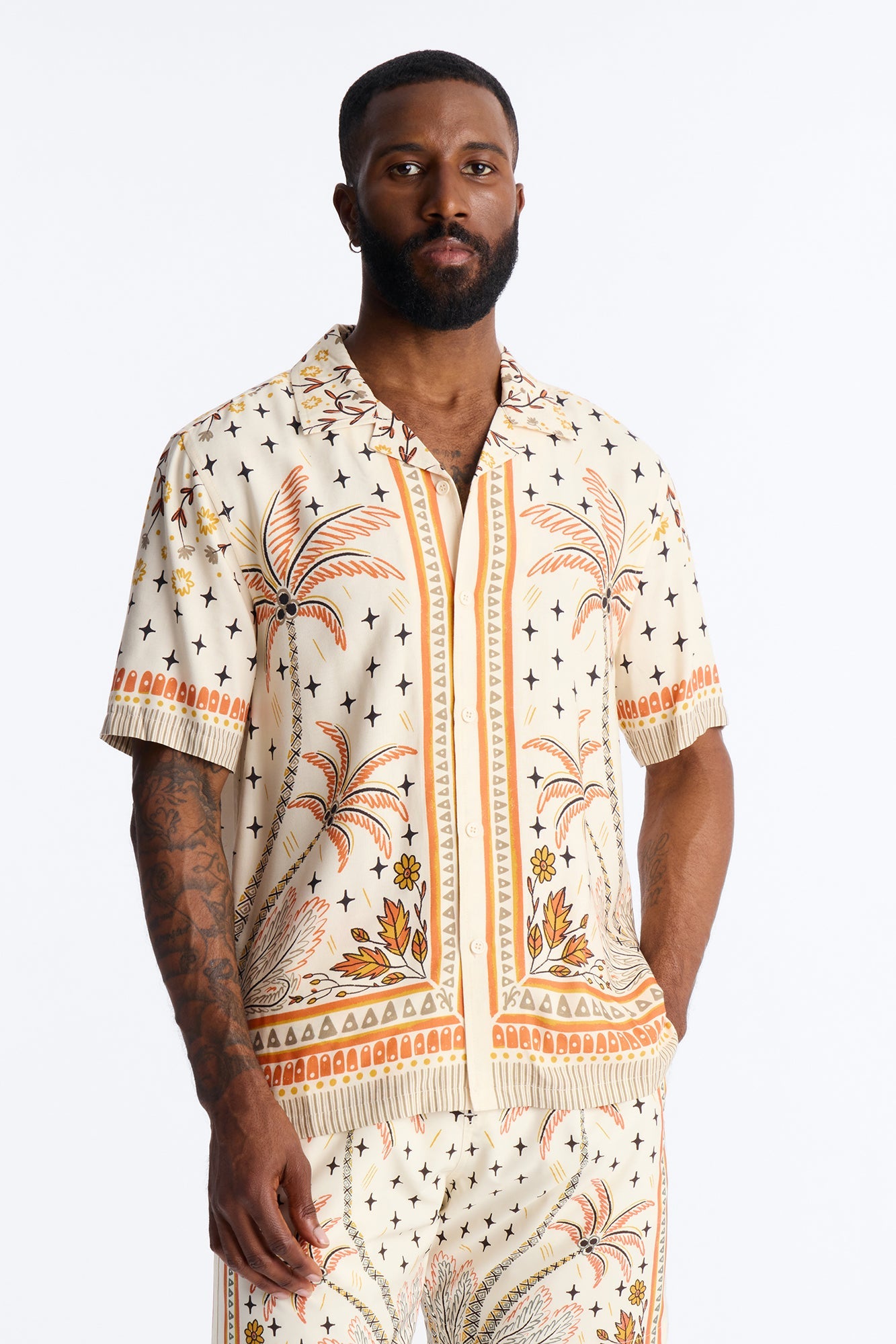 Tropical Twilight Resort Short Sleeve Cuban Collar Shirt - Off White