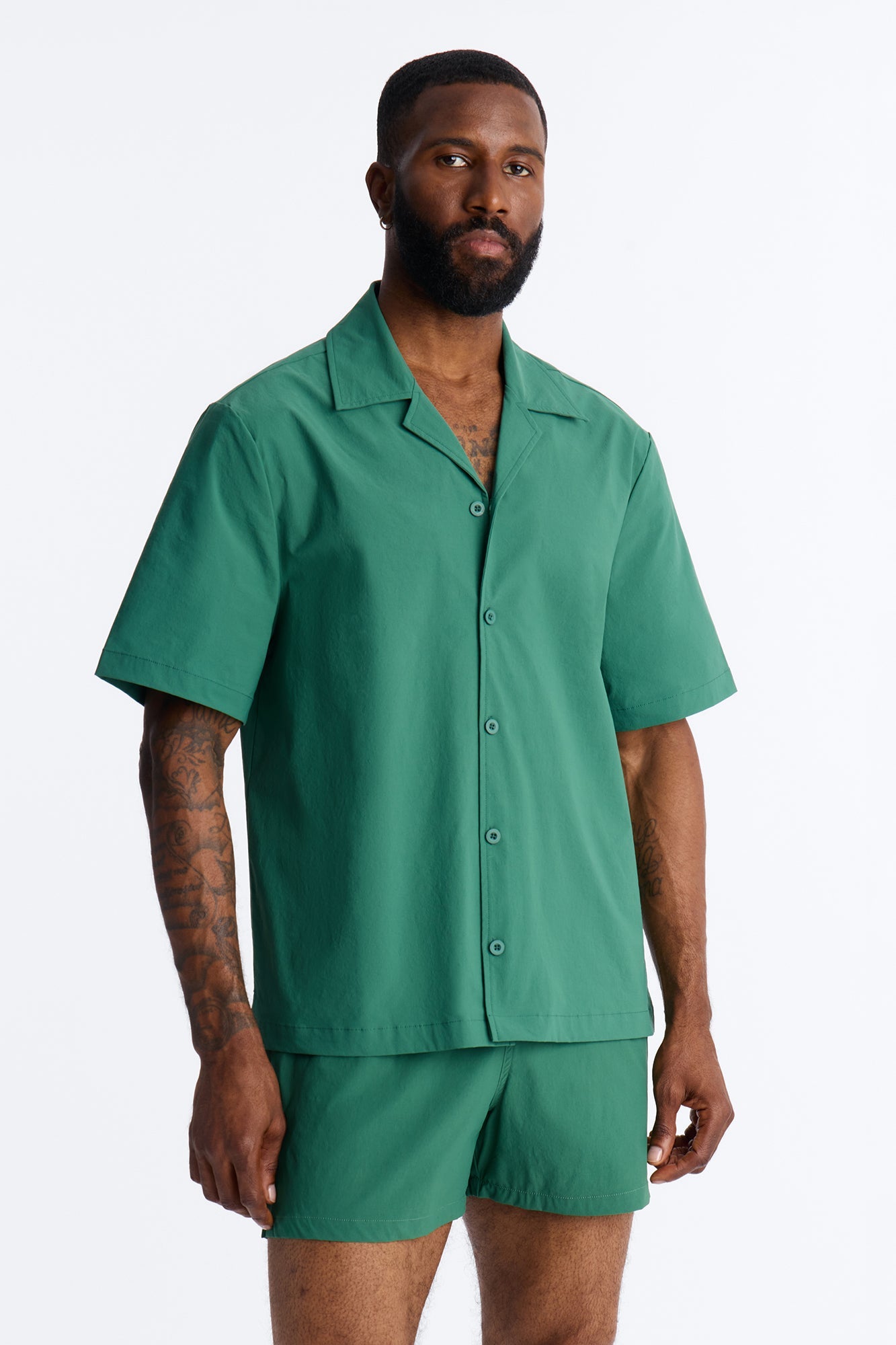 Montez Cuban Collar Button Up Shirt - Hunter Green