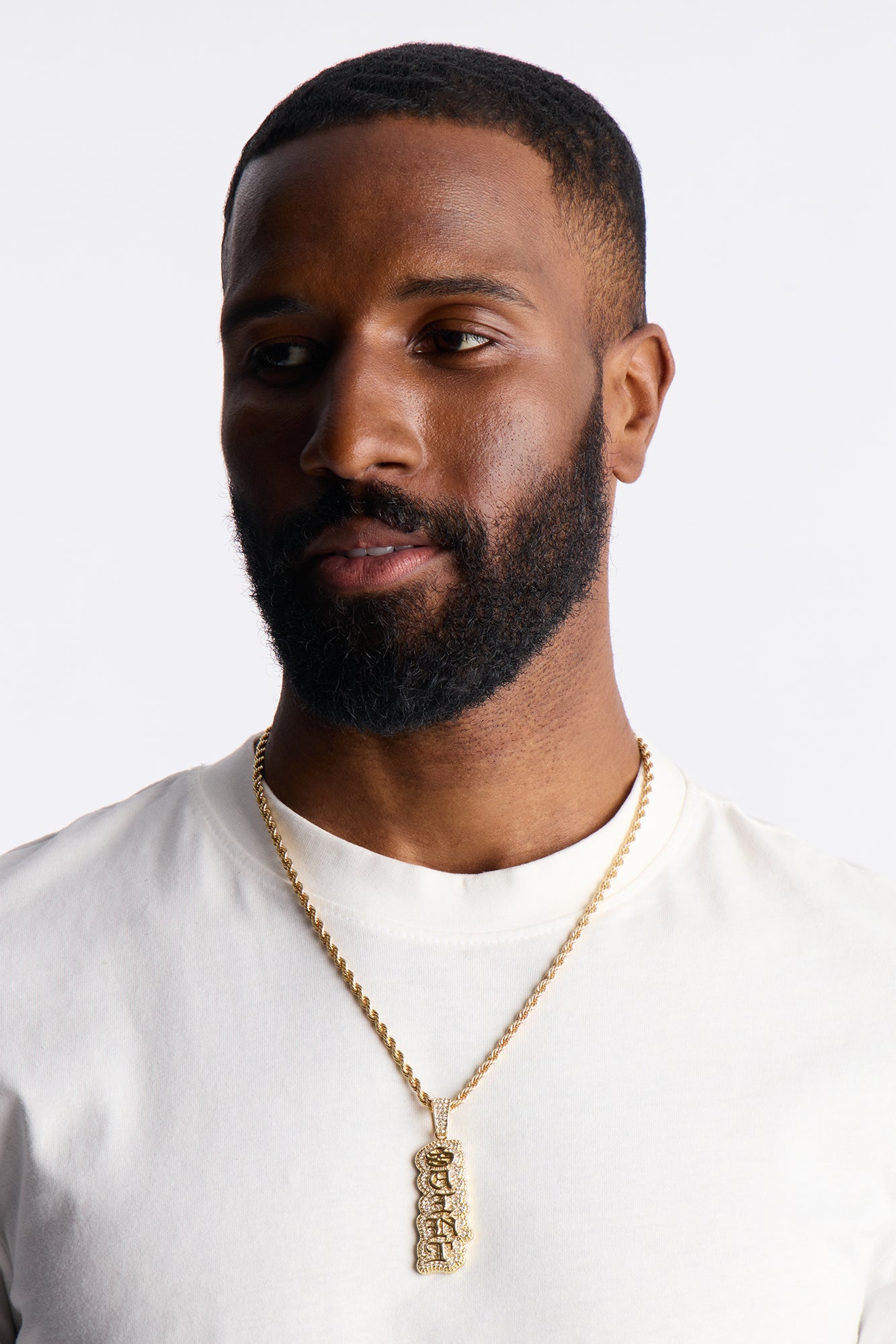 Saint Script Vertical Iced Pendant Necklace - Gold