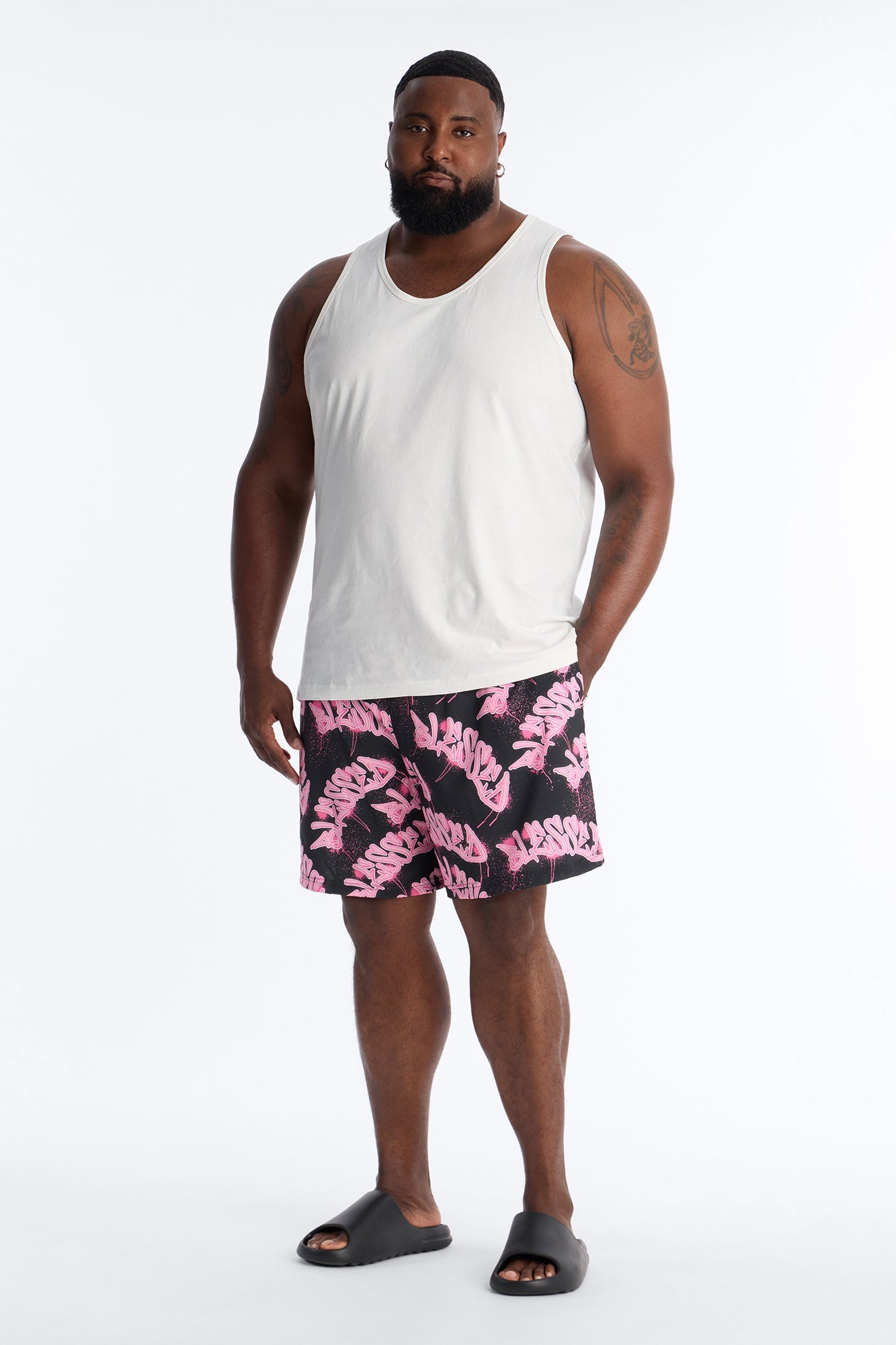 Blessed Street Graffiti Printed Swim Trunk 7″ - Black/Pink