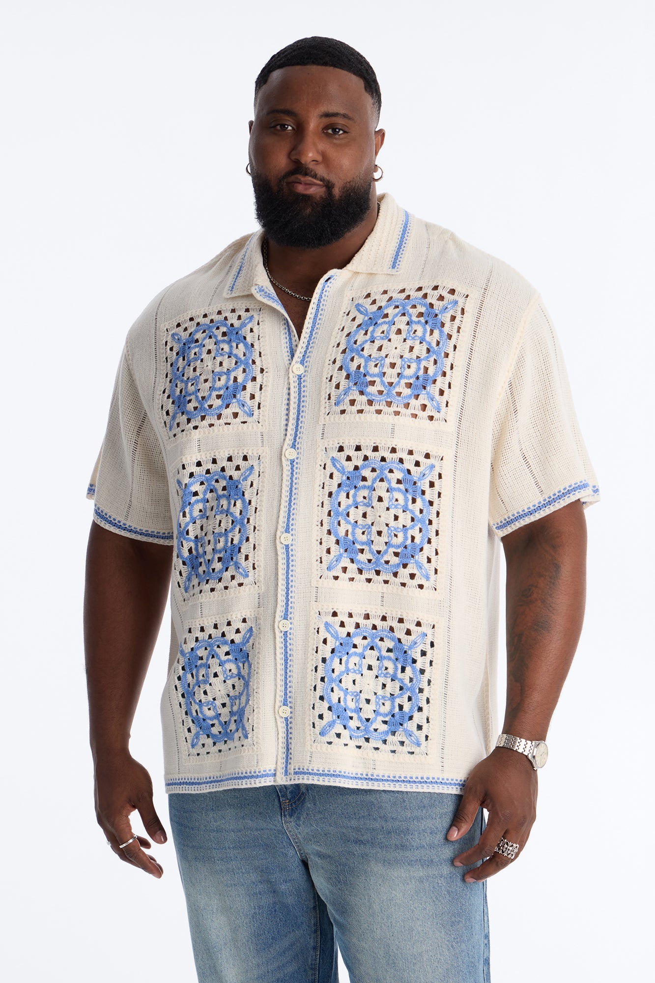 Lido Isle Crochet Button Up Shirt - Cream