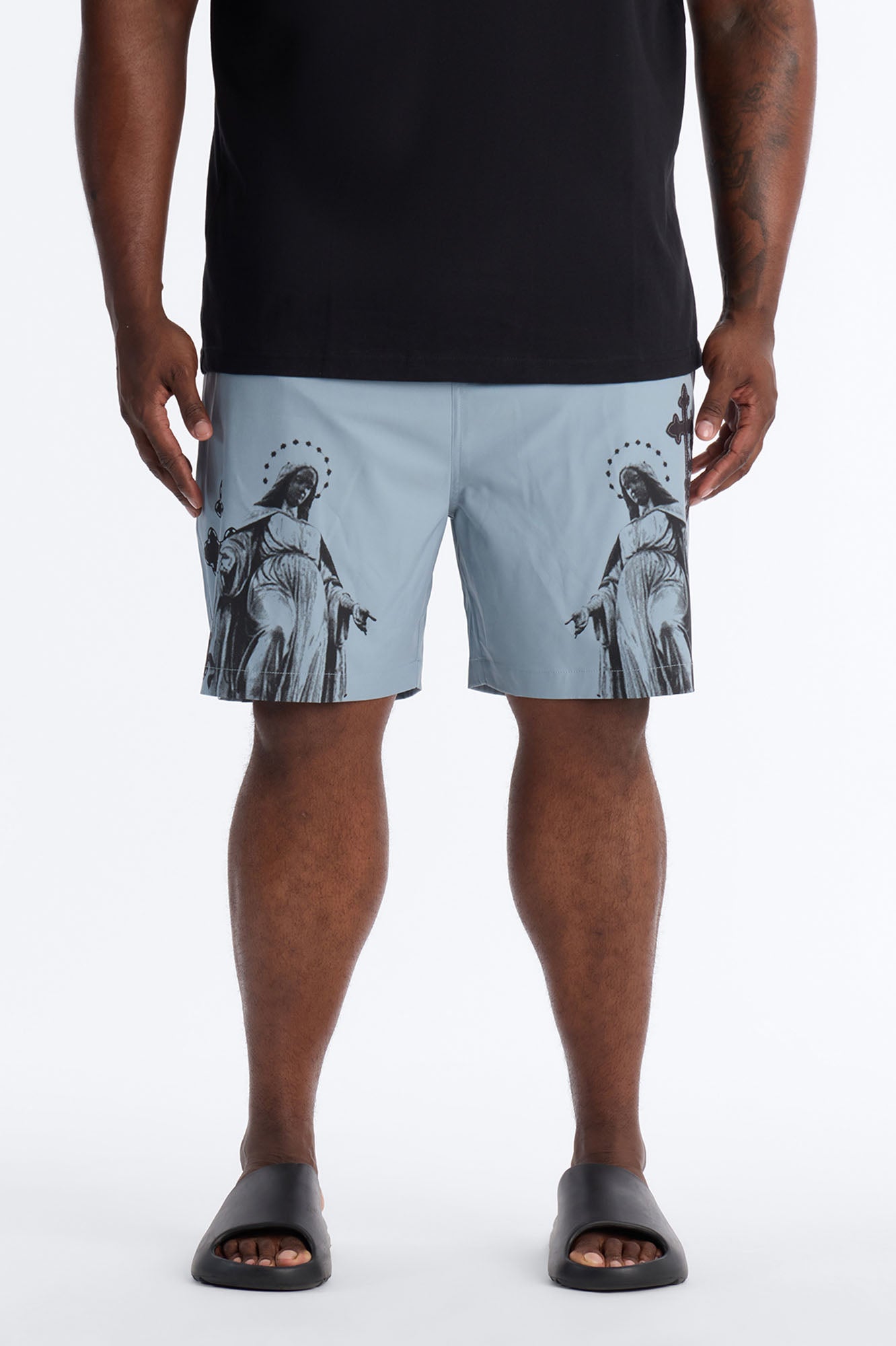 Mirrored Faith Applique Swim Trunk 7″ - Grey