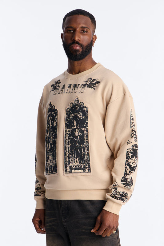 Saint Message Patched Crewneck Sweatshirt - Taupe
