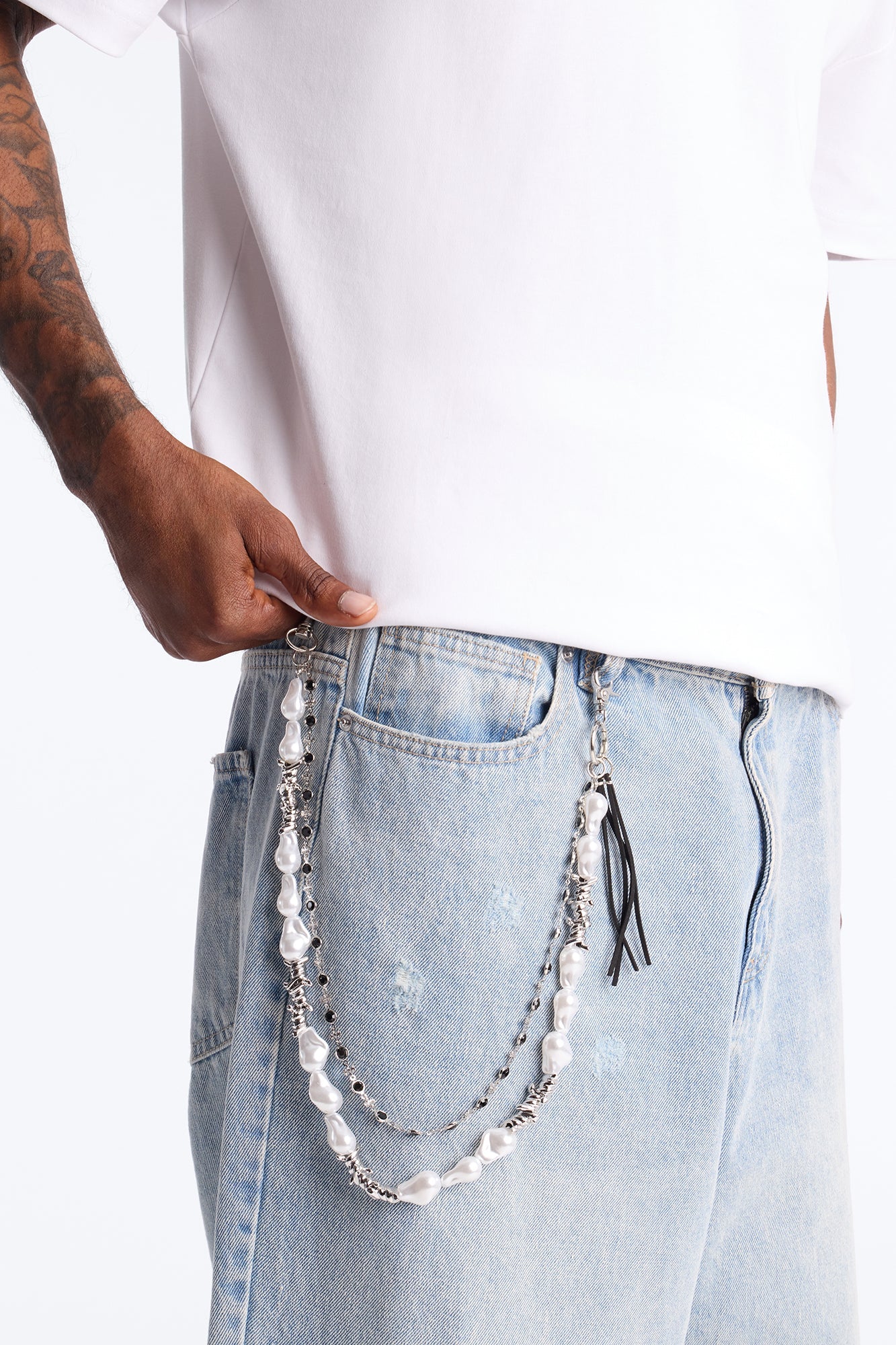 Barbed Wire Pearl Stacked Pant Chain - Silver