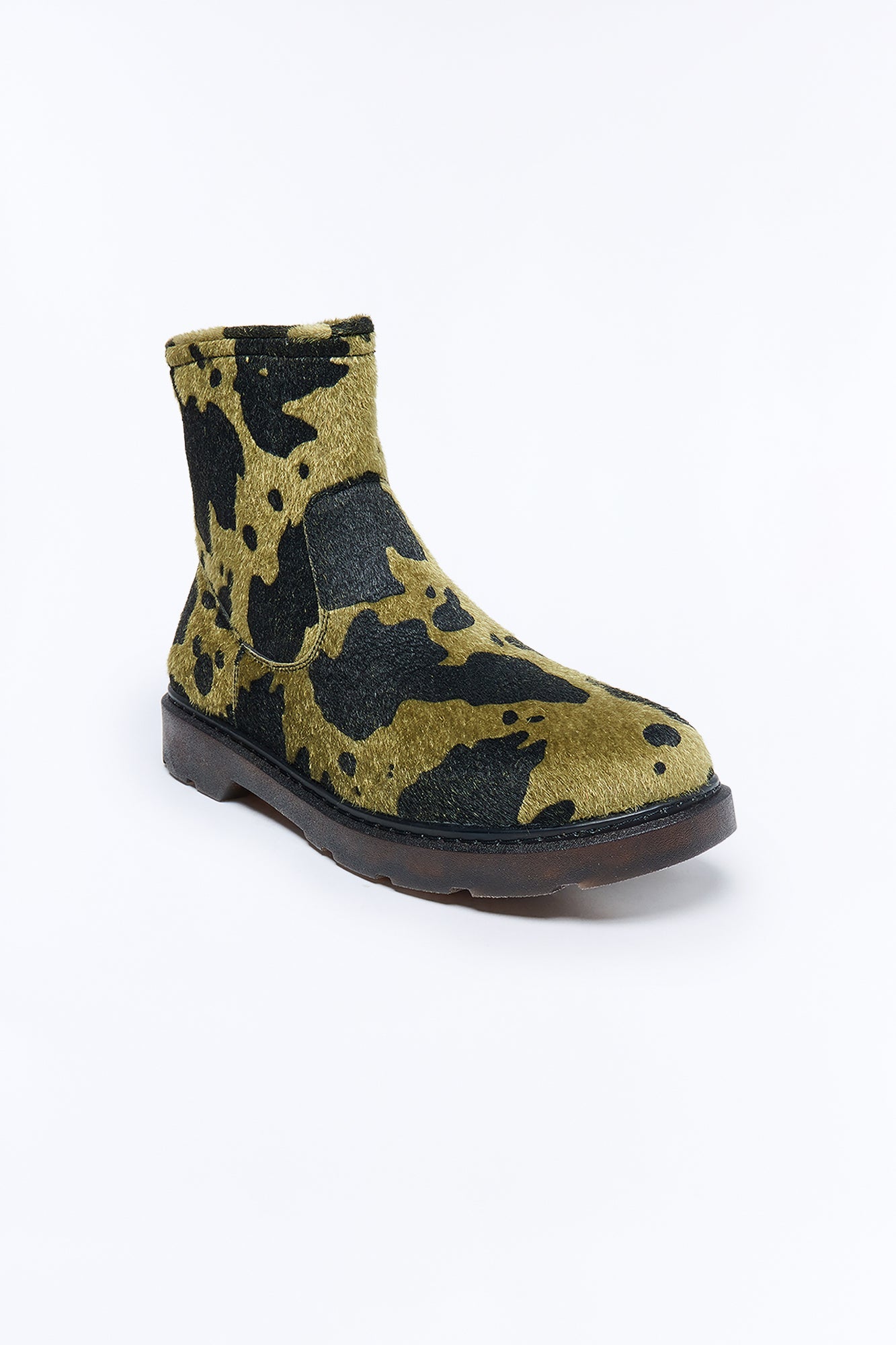 Cow Print Faux Pony Hair Slip On Mid Ankle Boots - Olive/combo