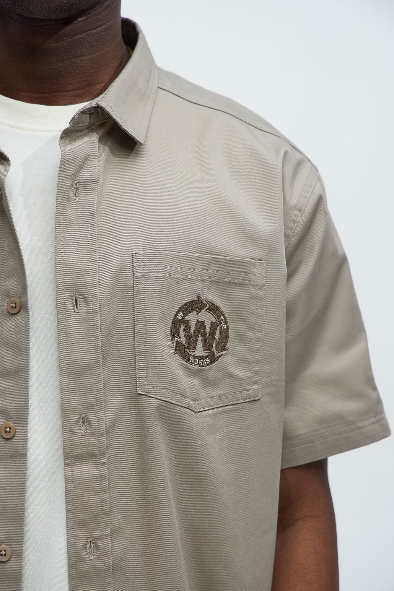 In The Works Short Sleeve Button Up Shirt - Stone