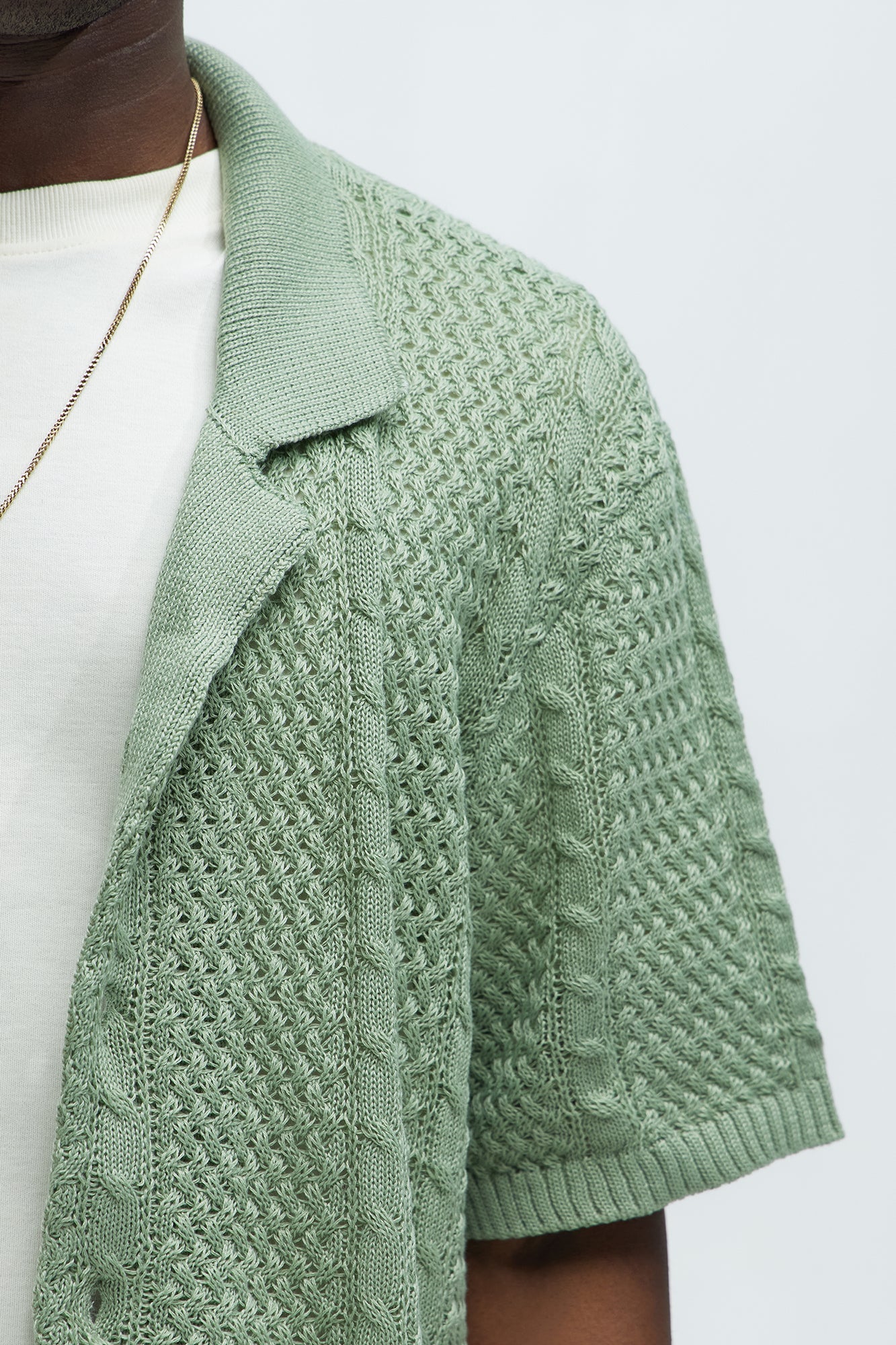 Unwind Cable Knit Short Sleeve Button Up - Sage