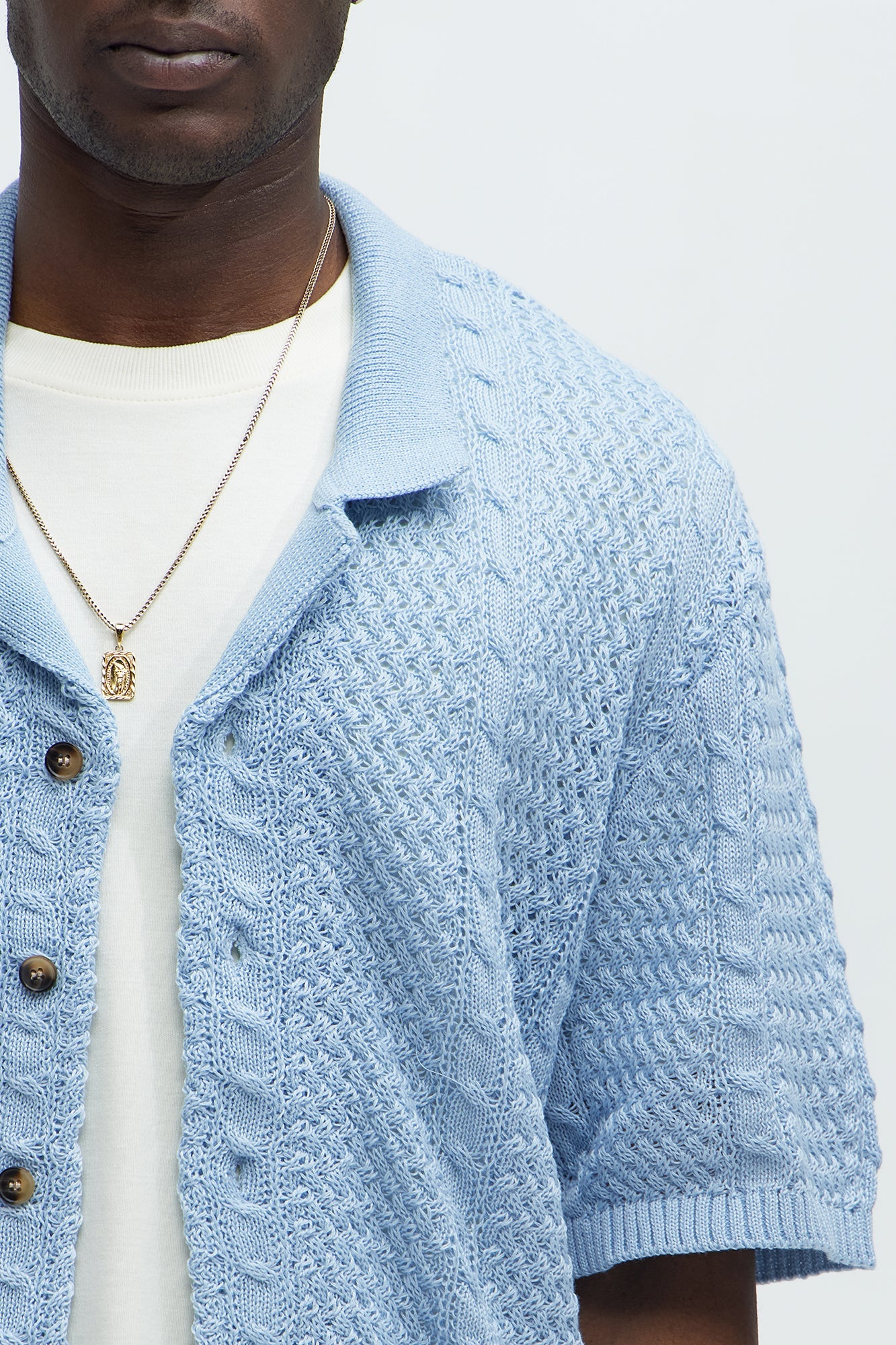 Unwind Cable Knit Short Sleeve Button Up - Blue