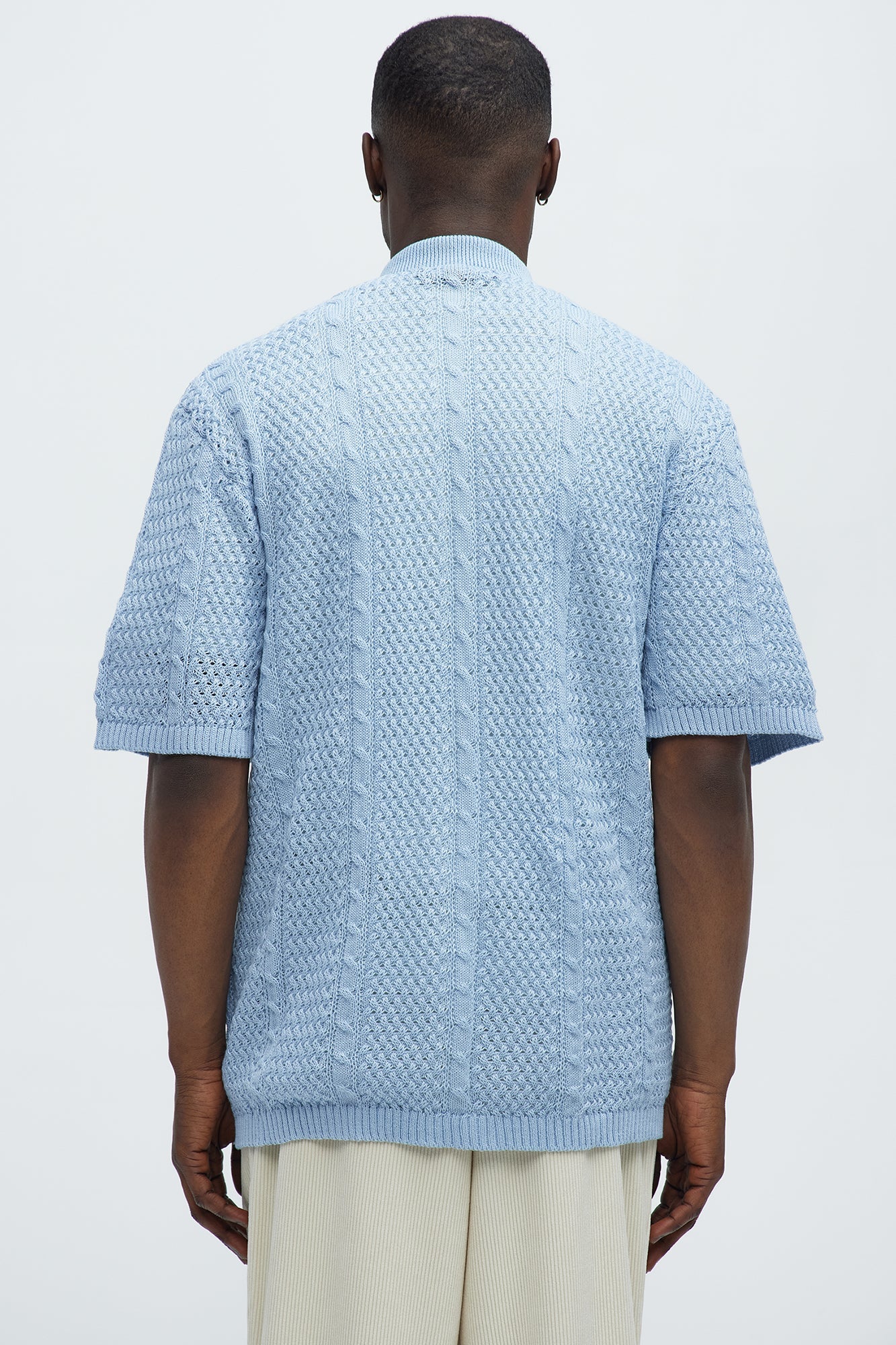 Unwind Cable Knit Short Sleeve Button Up - Blue
