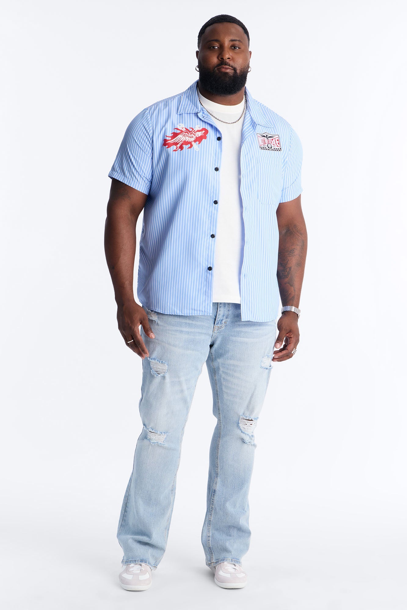 Cropped No Questions Asked Striped Button Up Shirt - Blue