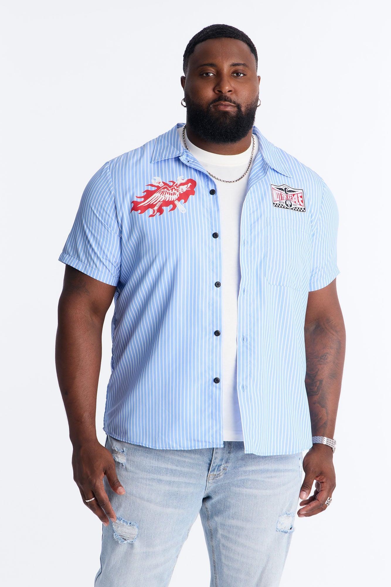 Cropped No Questions Asked Striped Button Up Shirt - Blue
