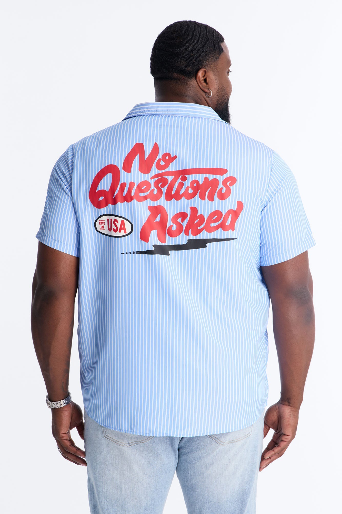 Cropped No Questions Asked Striped Button Up Shirt - Blue