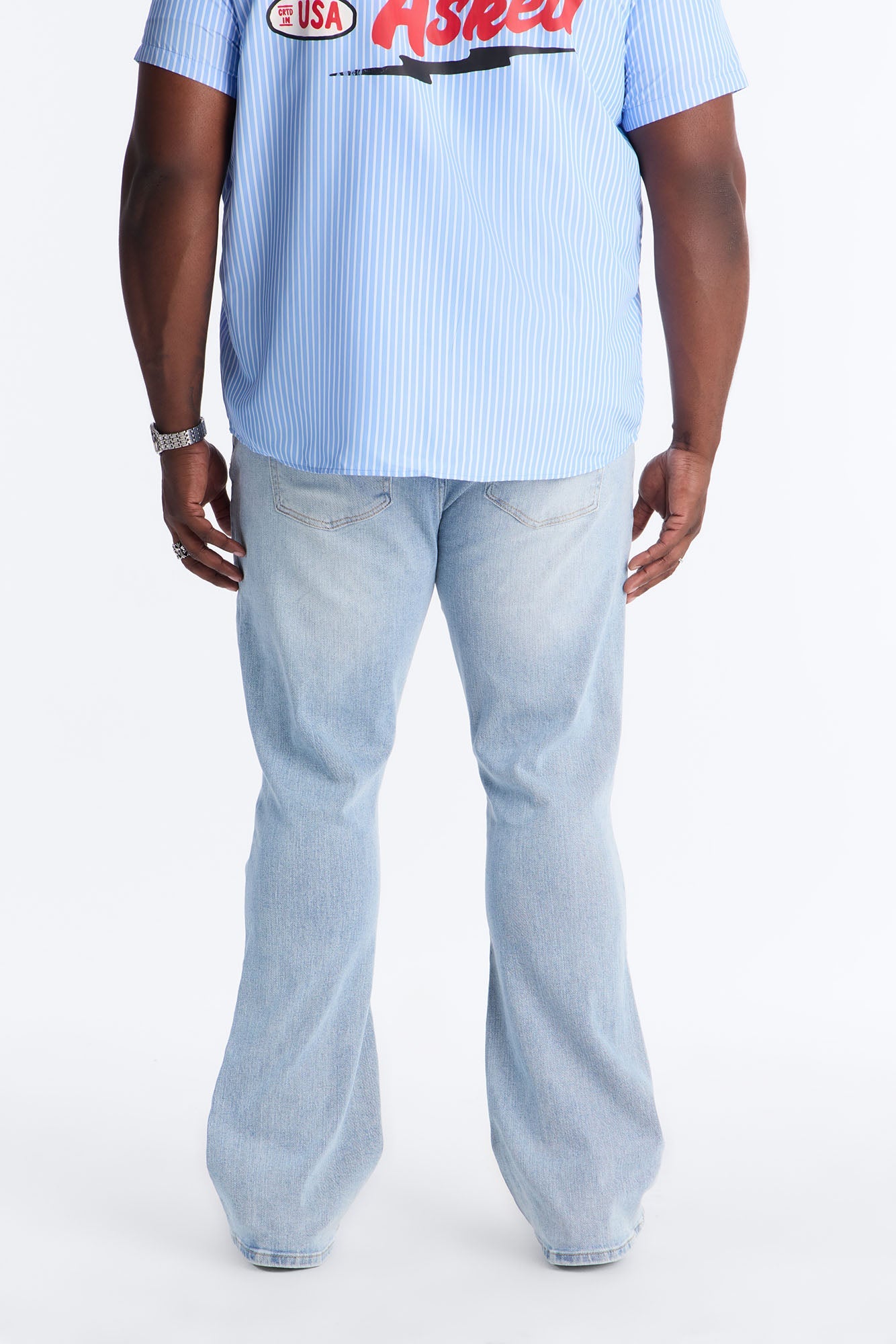 Essential Destroyed Stacked Skinny Flare Stretch Jean - Light Blue Wash