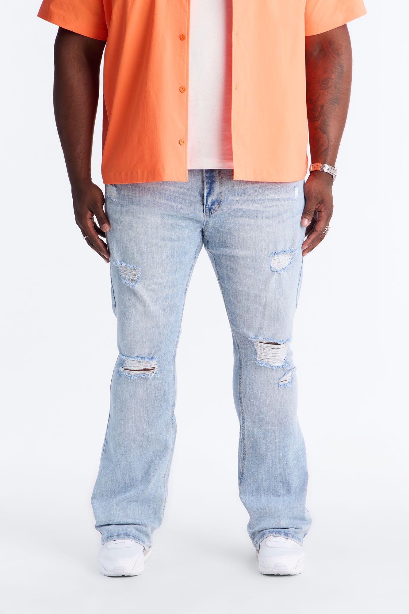 Essential Destroyed Stacked Slim Flare Stretch Jean - Light Blue Wash