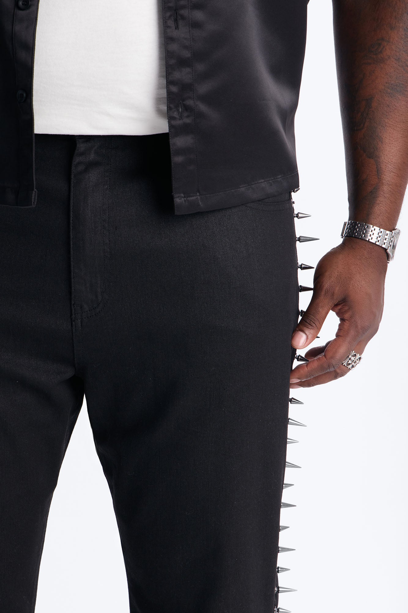 Stacked Slim Flare Waxed Cyber Spike Jean - Black