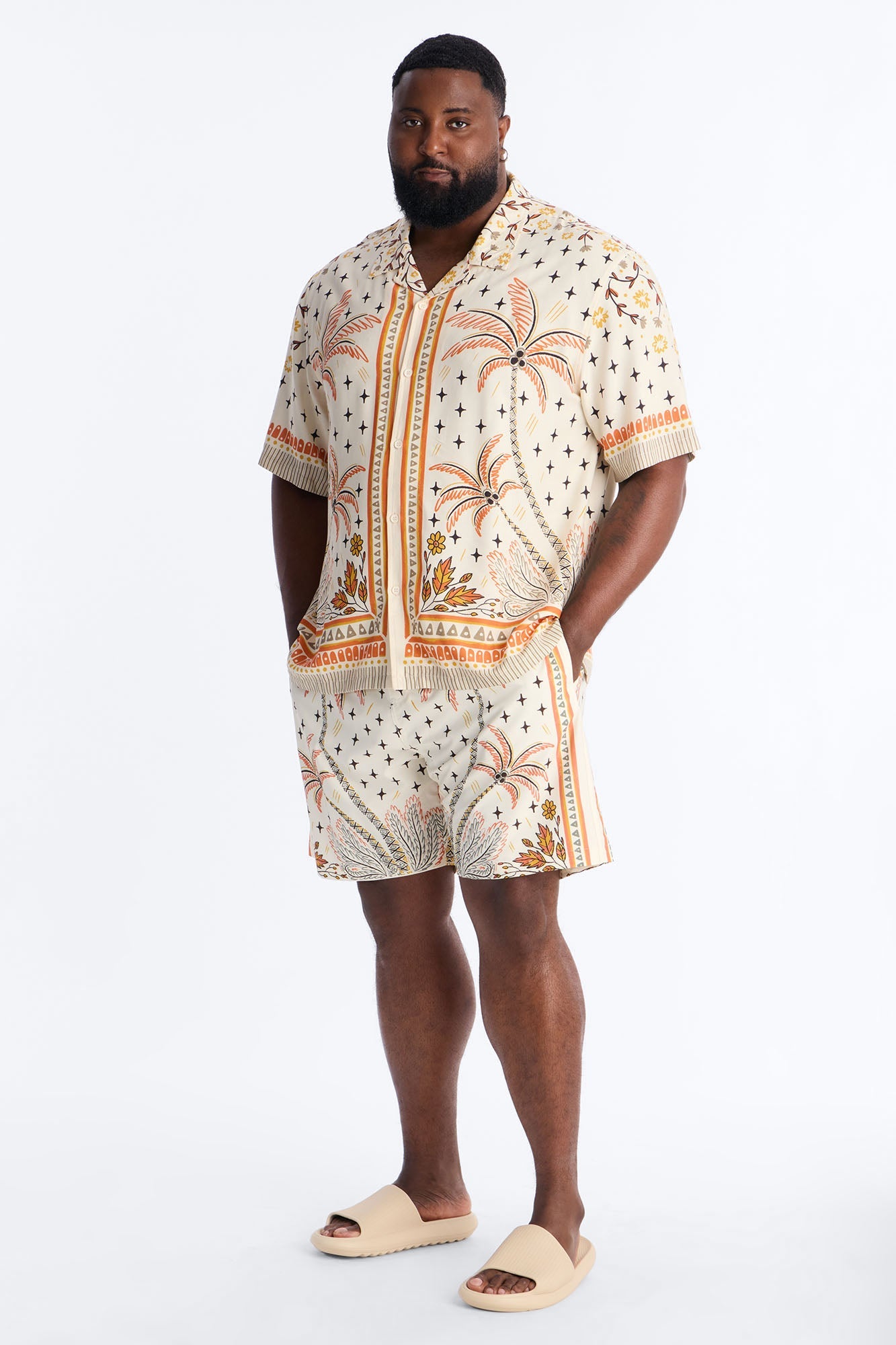Tropical Twilight Resort Short Sleeve Cuban Collar Shirt - Off White