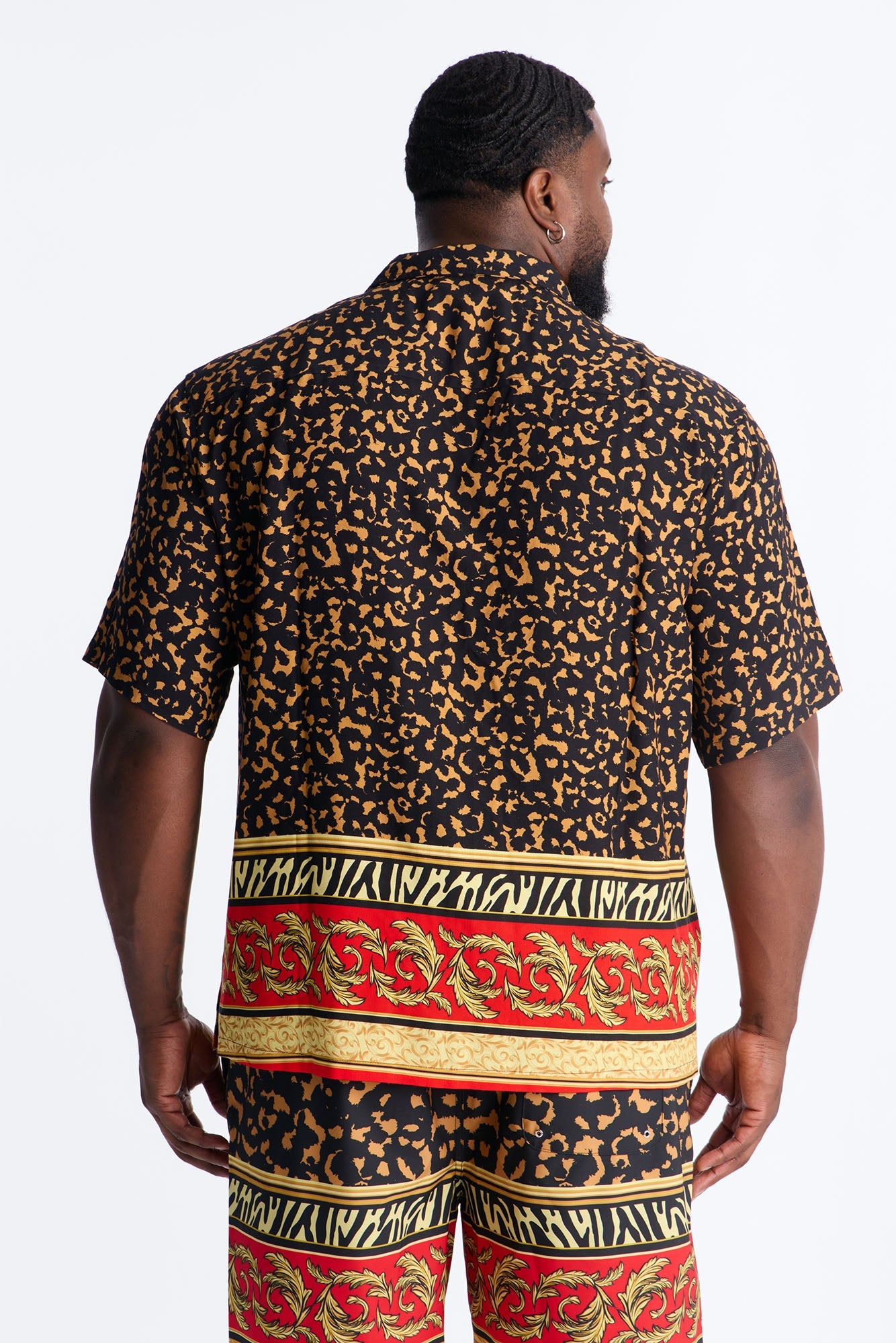 Animal Instincts Paneled Cuban Collar Short Sleeve Shirt - Leopard