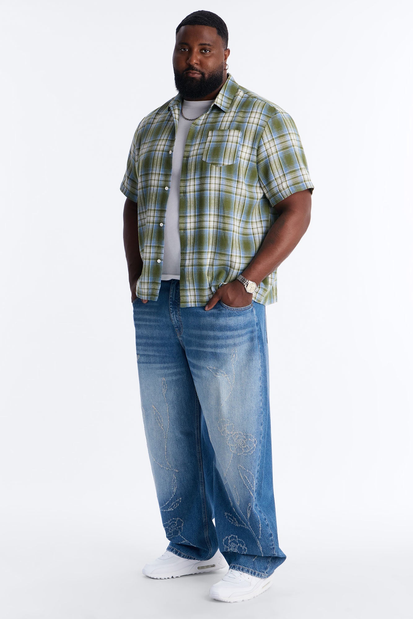 Barrel Etched Floral Jean - Medium Blue Wash