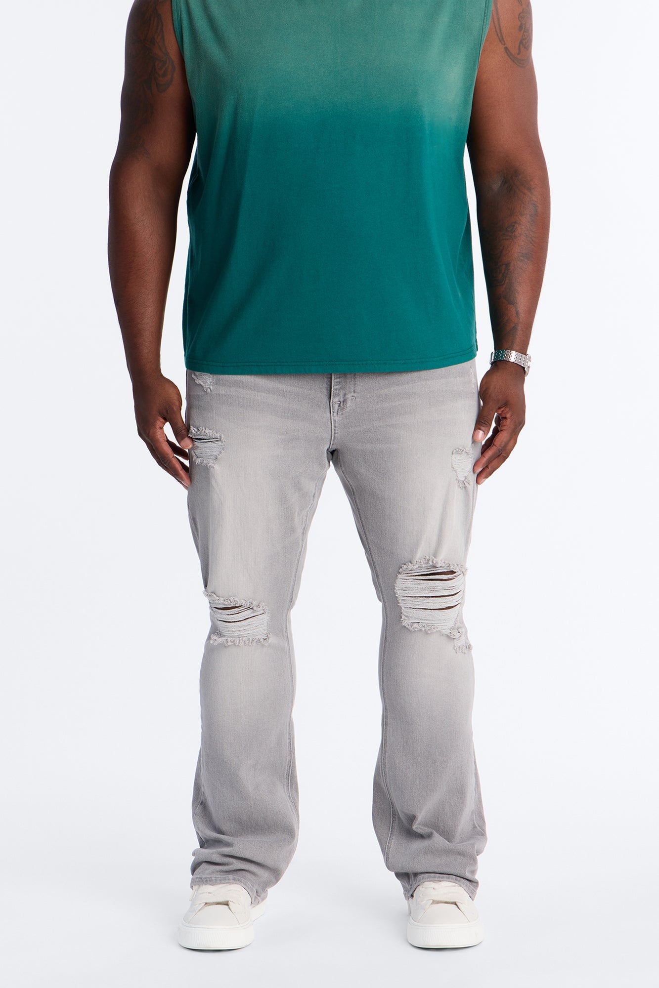 Essential Destroyed Stacked Slim Flare Stretch Jean - Grey