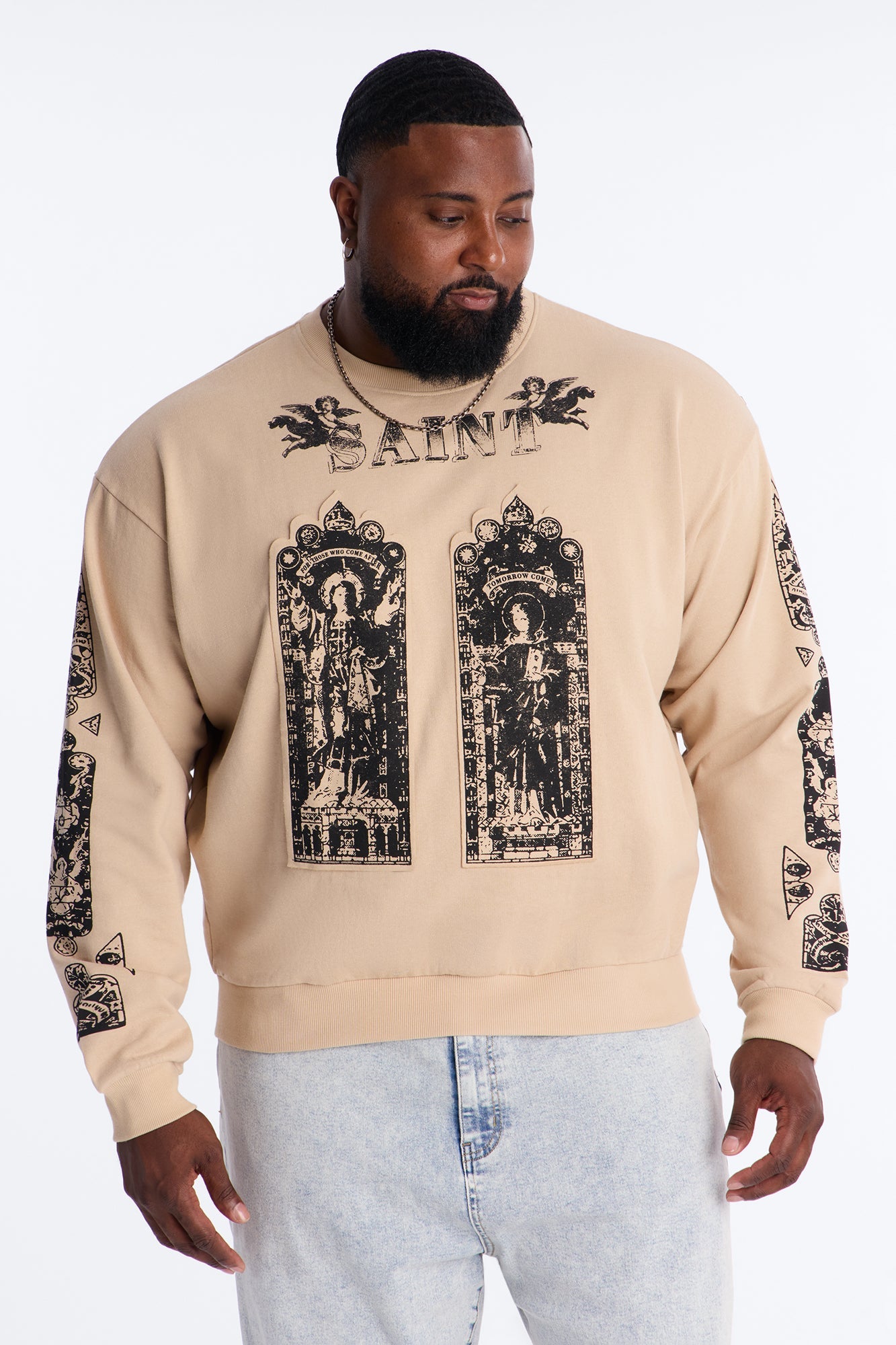 Saint Message Patched Crewneck Sweatshirt - Taupe