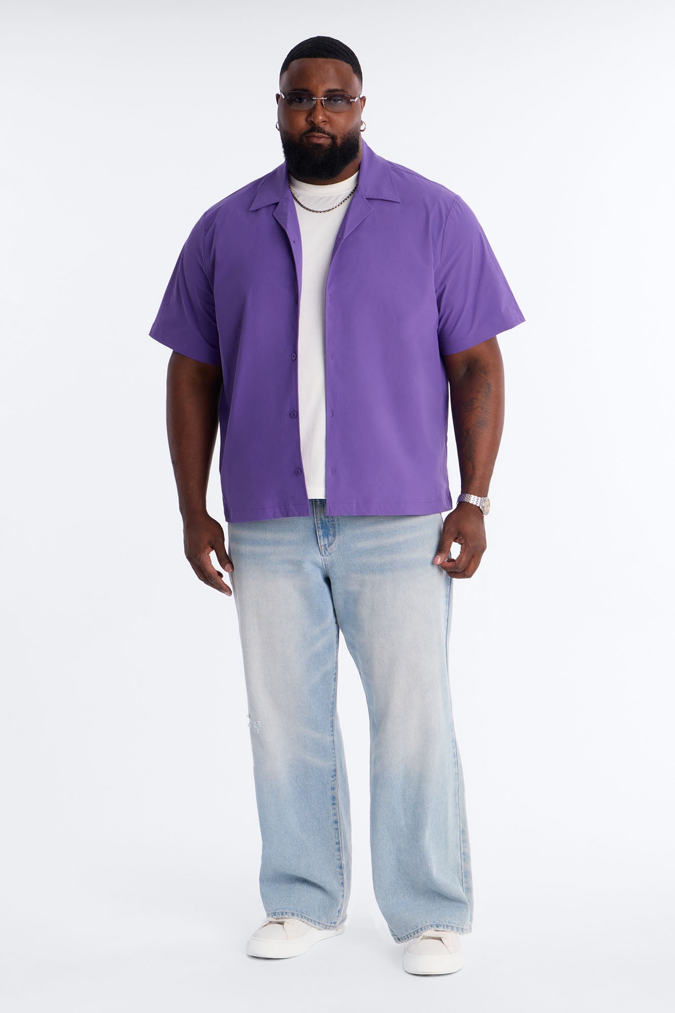 Montez Cuban Collar Button Up Shirt - Purple