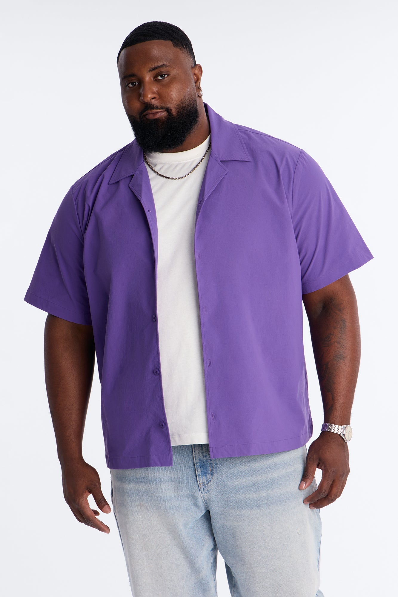 Montez Cuban Collar Button Up Shirt - Purple