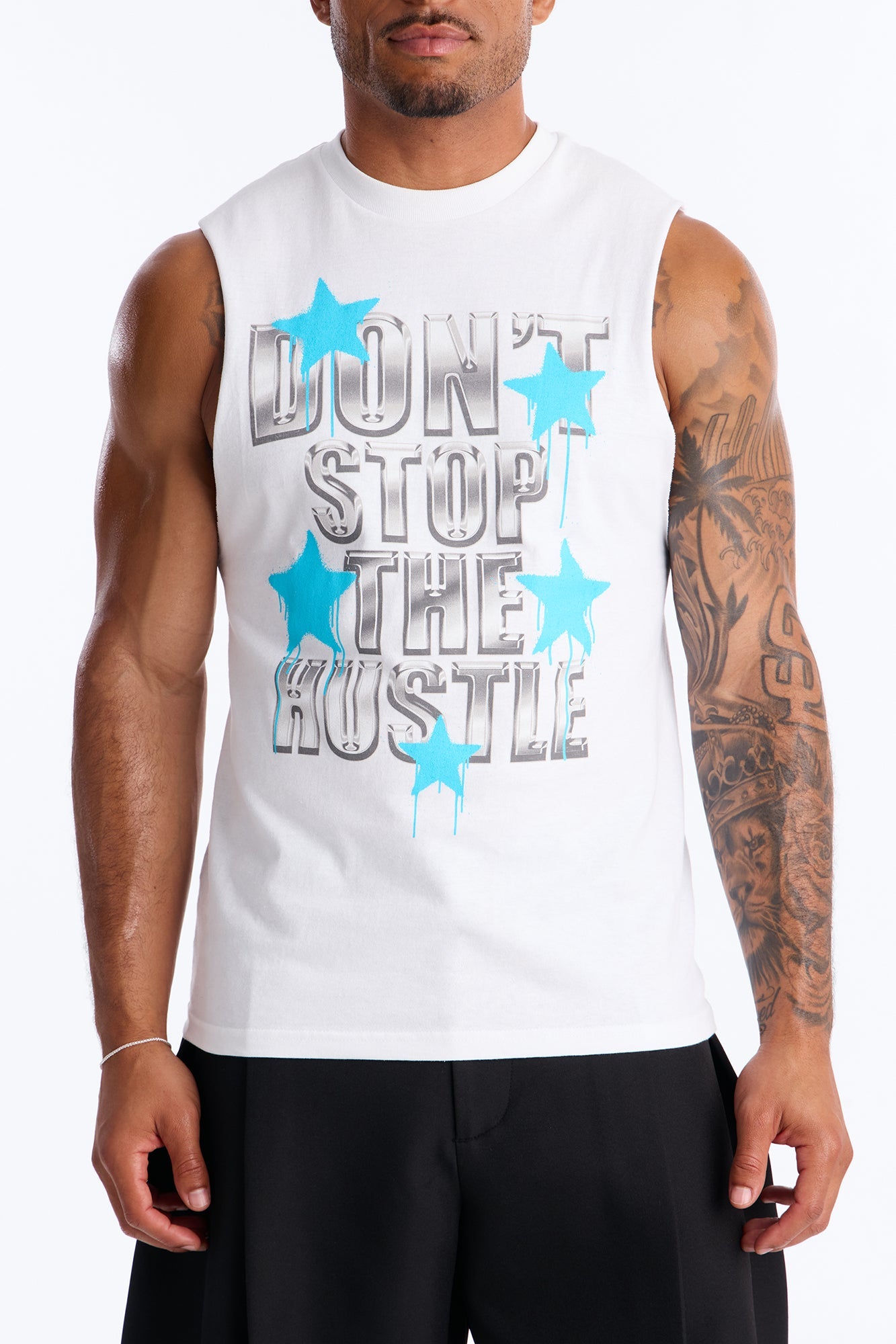 Don't Stop The Hustle Muscle Tee - White