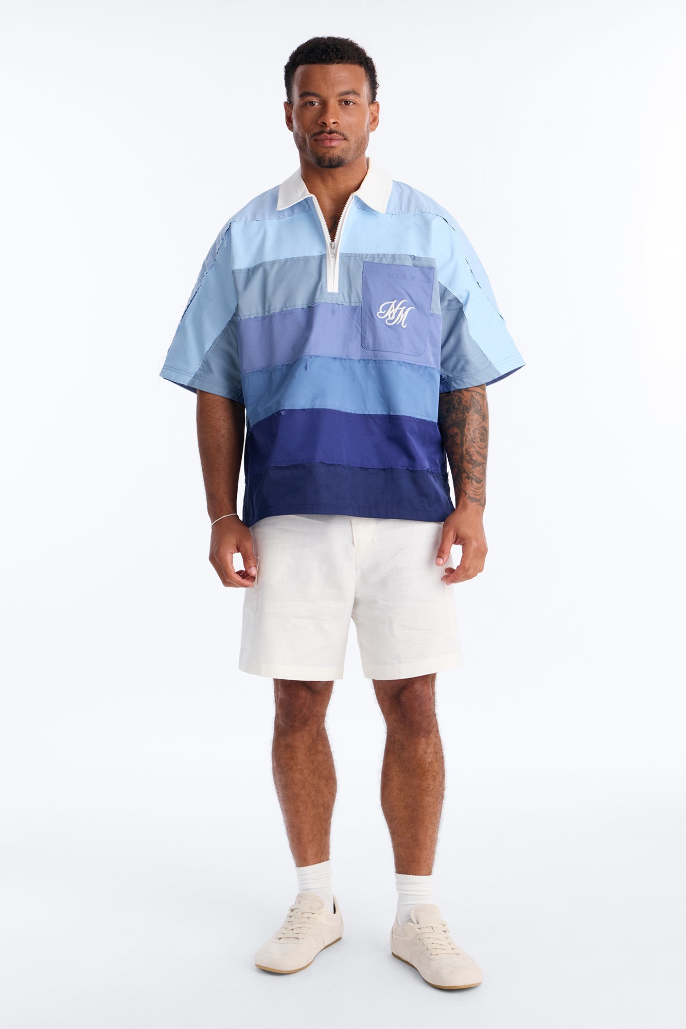 Oversized Frayed Zip Collar Polo - Blue