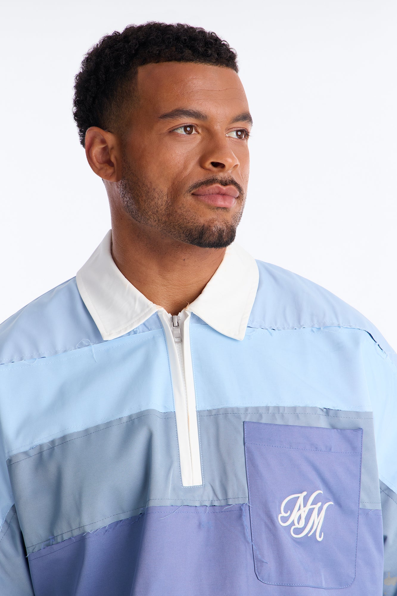 Oversized Frayed Zip Collar Polo - Blue