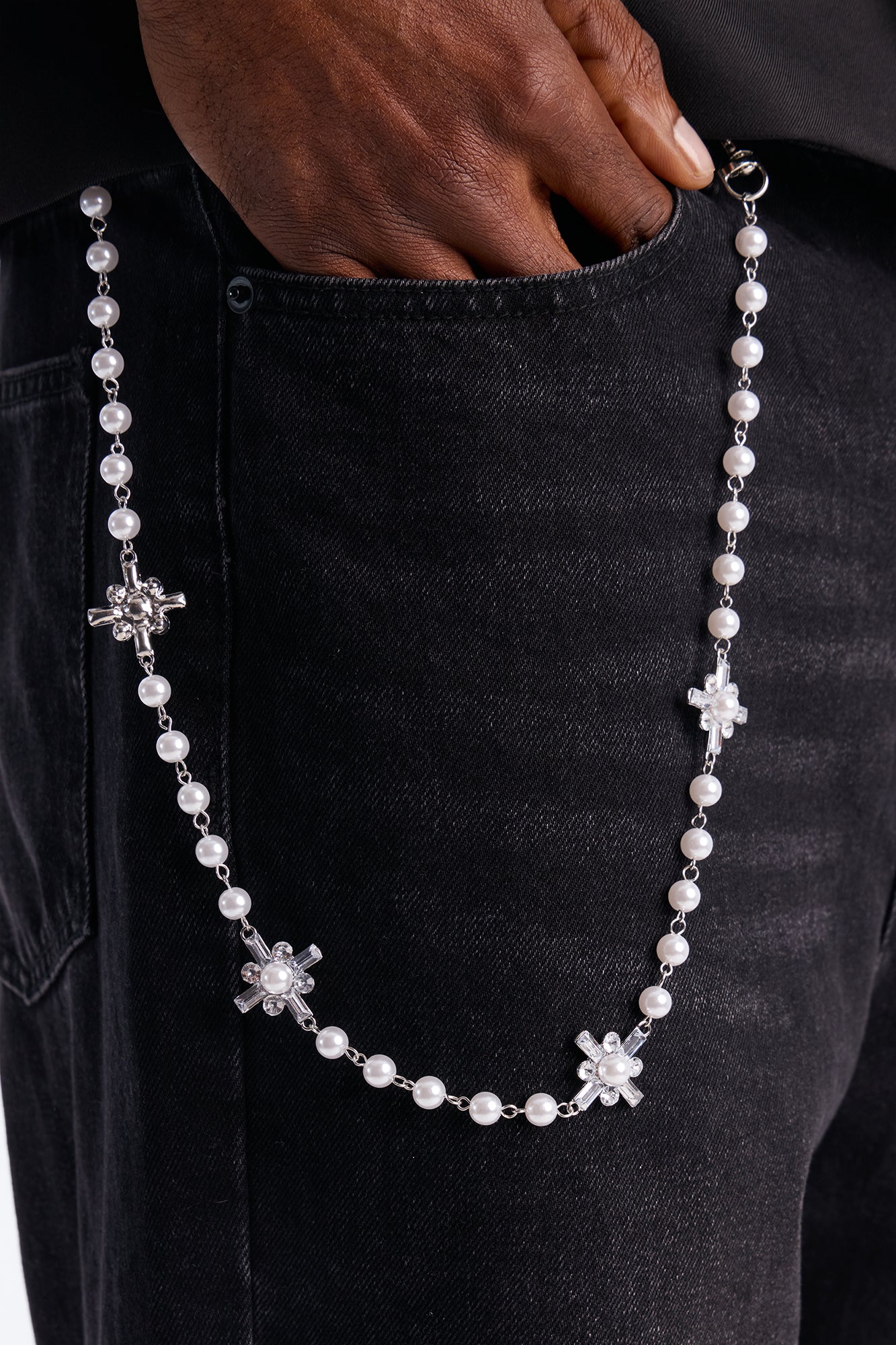 Crystallized Faith And Pearl Pant Chain - White/Silver