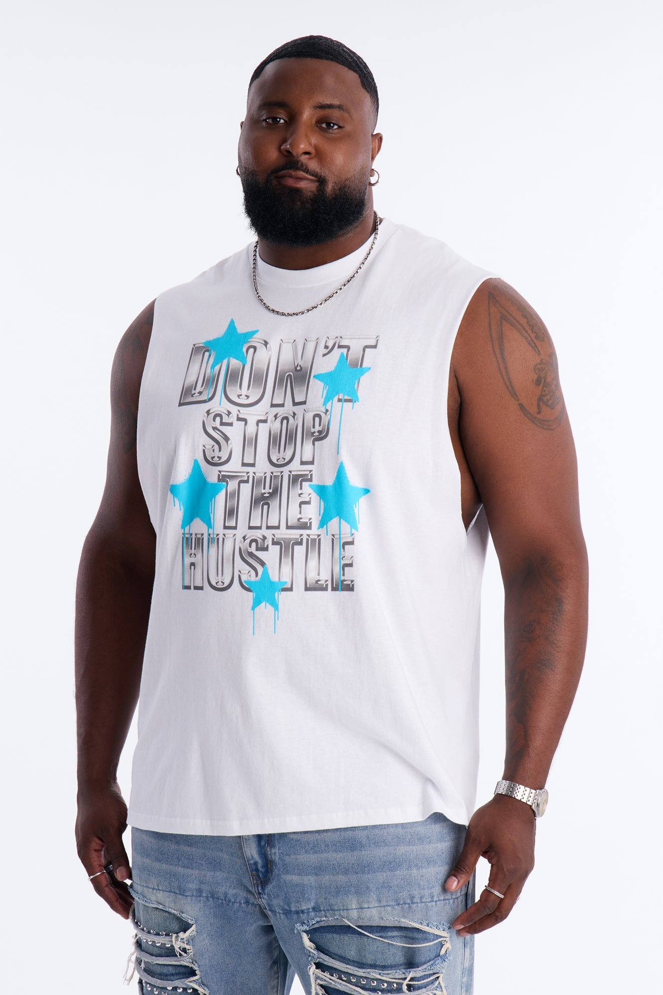 Don't Stop The Hustle Muscle Tee - White