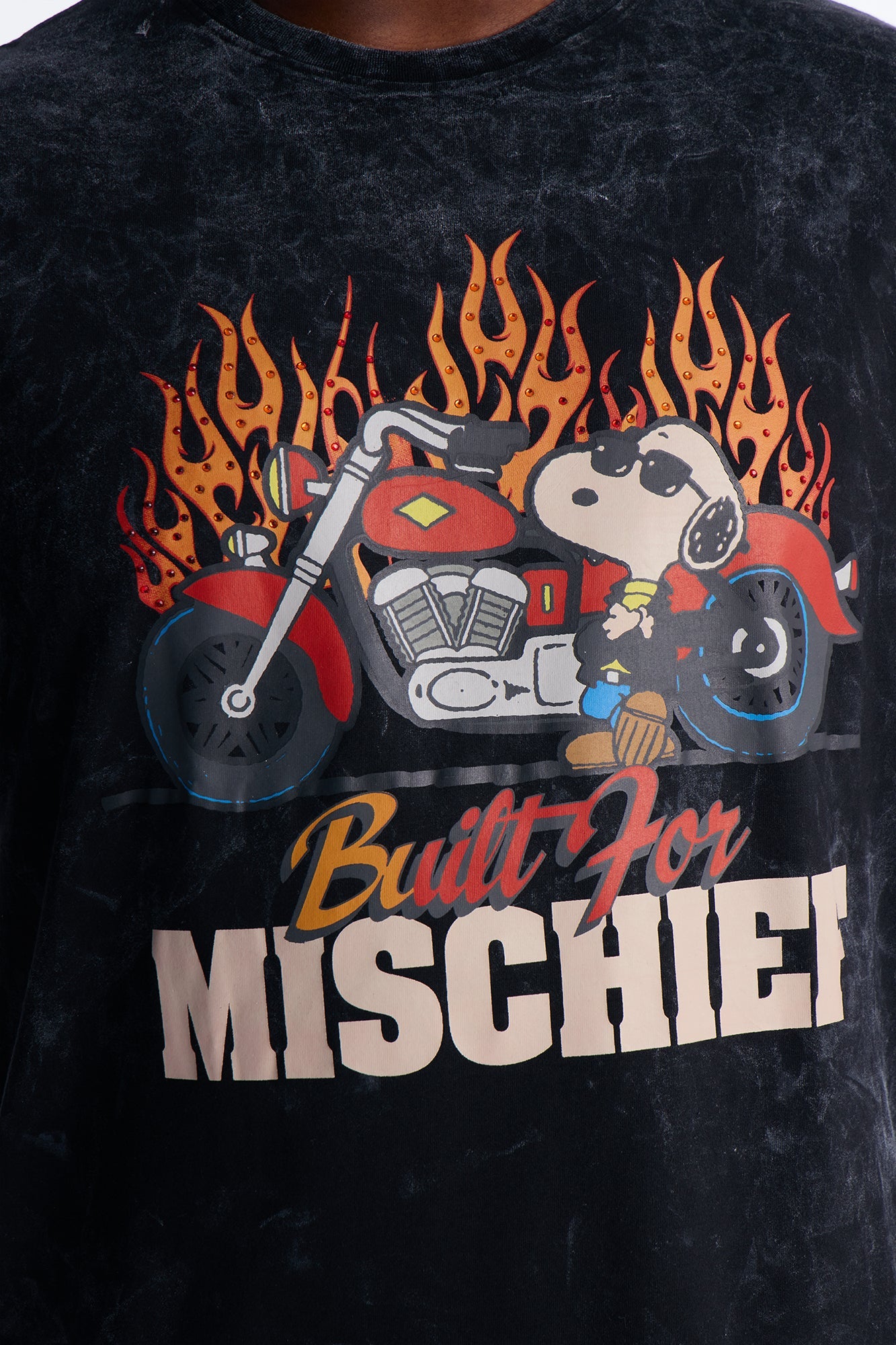 Peanuts Snoopy Mischief Rhinestones Mineral Wash Fleece Tee - Black Wash