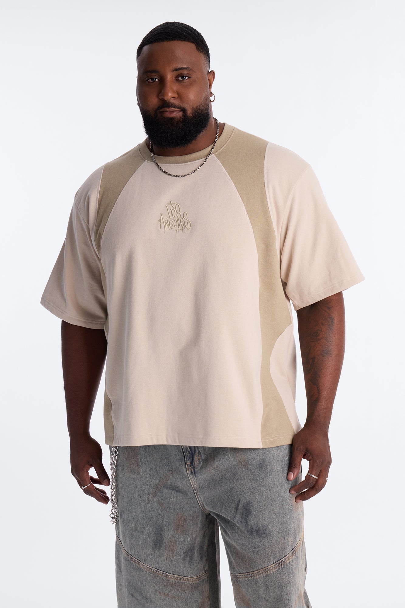 LA Embroidery Paneled Fleece Tee - Tan
