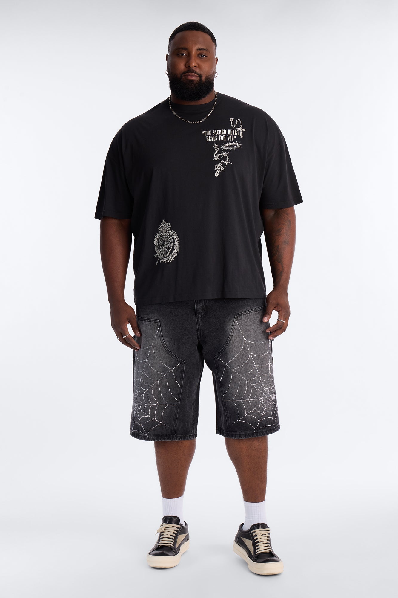 Baggy Jeweled Web Carpenter Denim Short - Black Wash