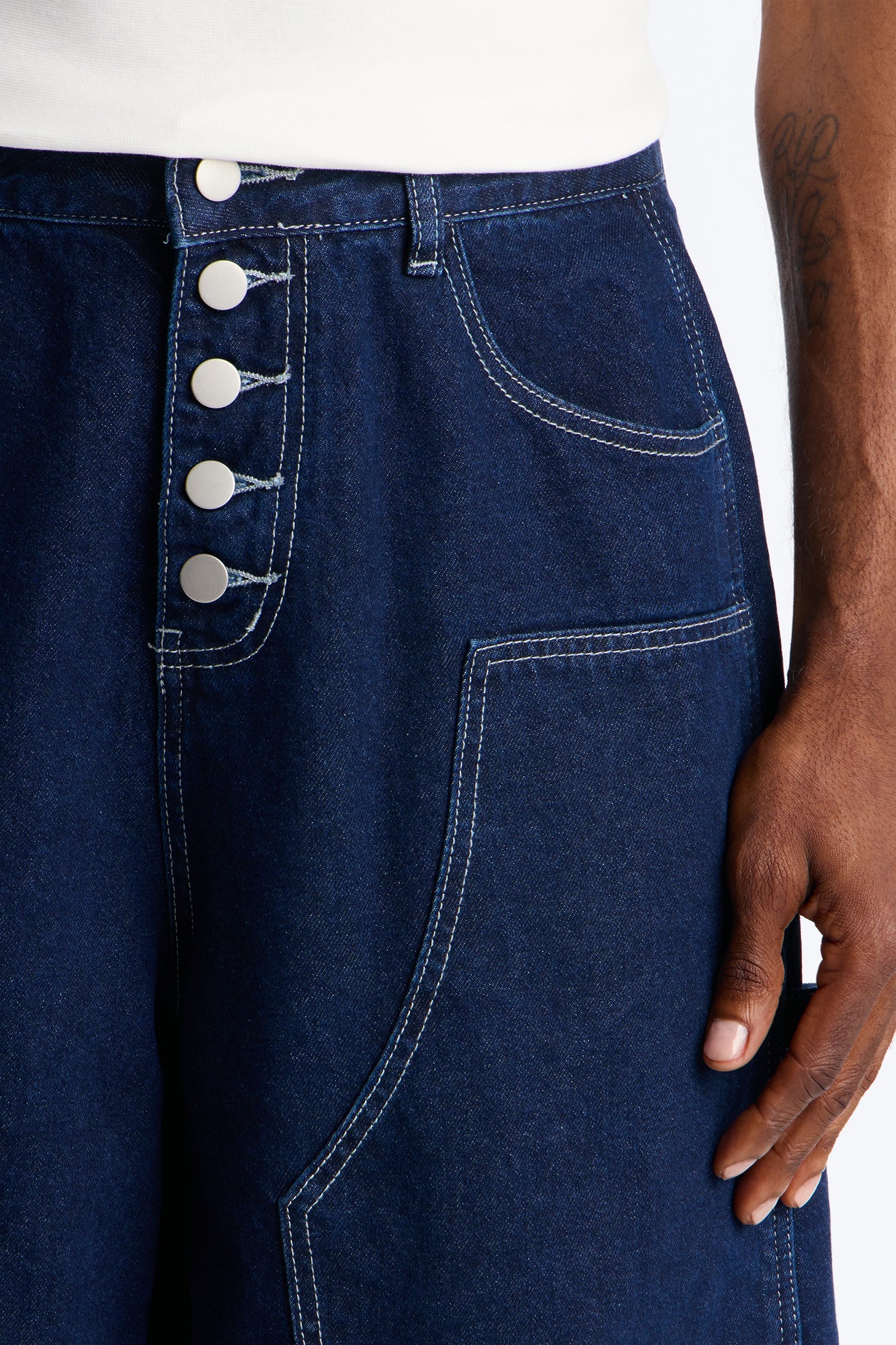 Super Baggy Button Drop Denim Shorts - Dark Wash