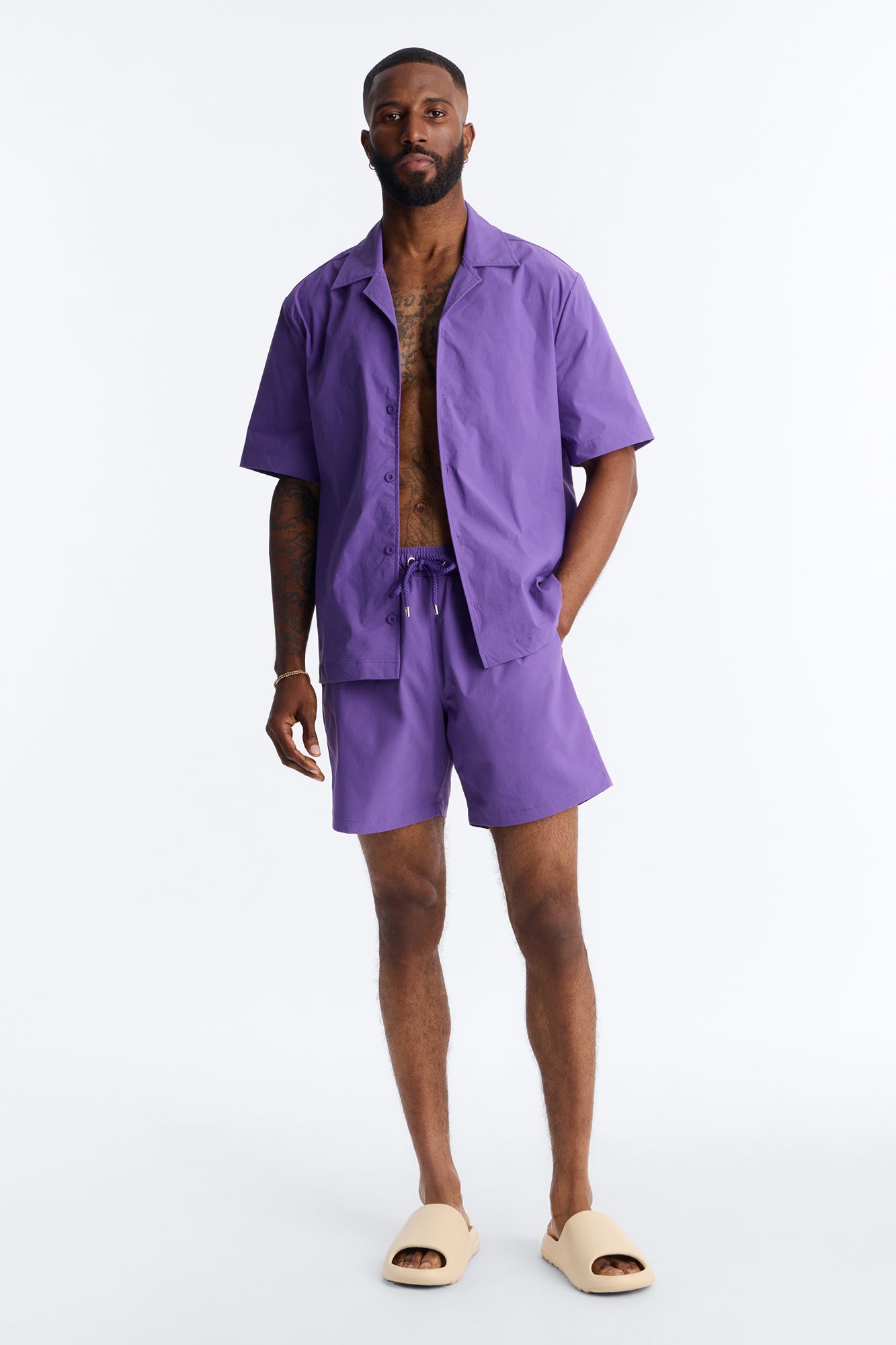 Montez Cuban Collar Button Up Shirt - Purple