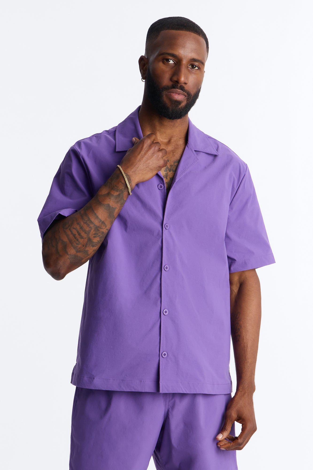 Montez Cuban Collar Button Up Shirt - Purple