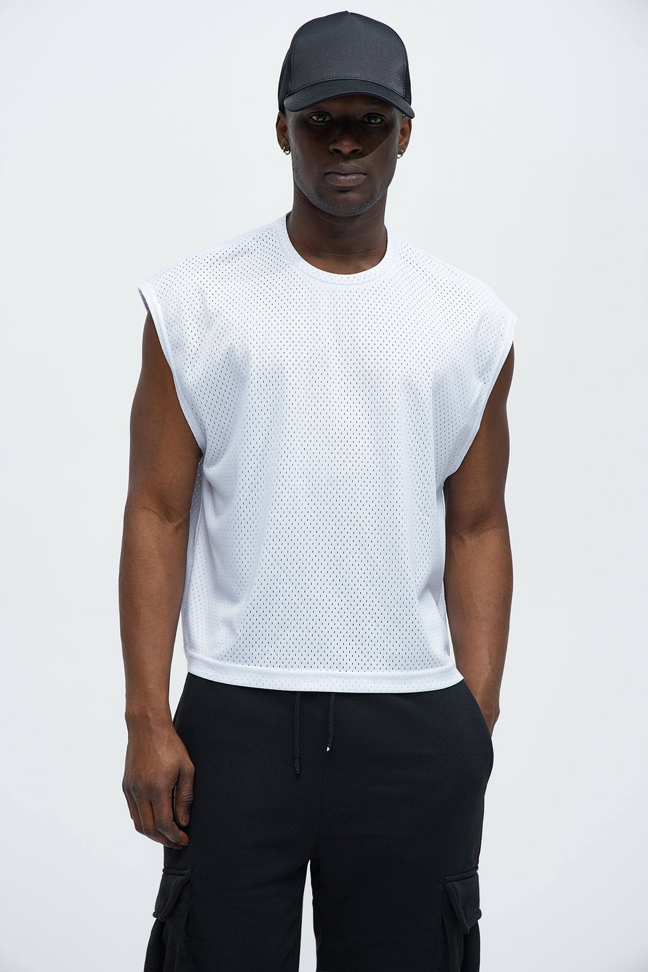 Boxy Mesh Sleeveless Muscle Tee - White