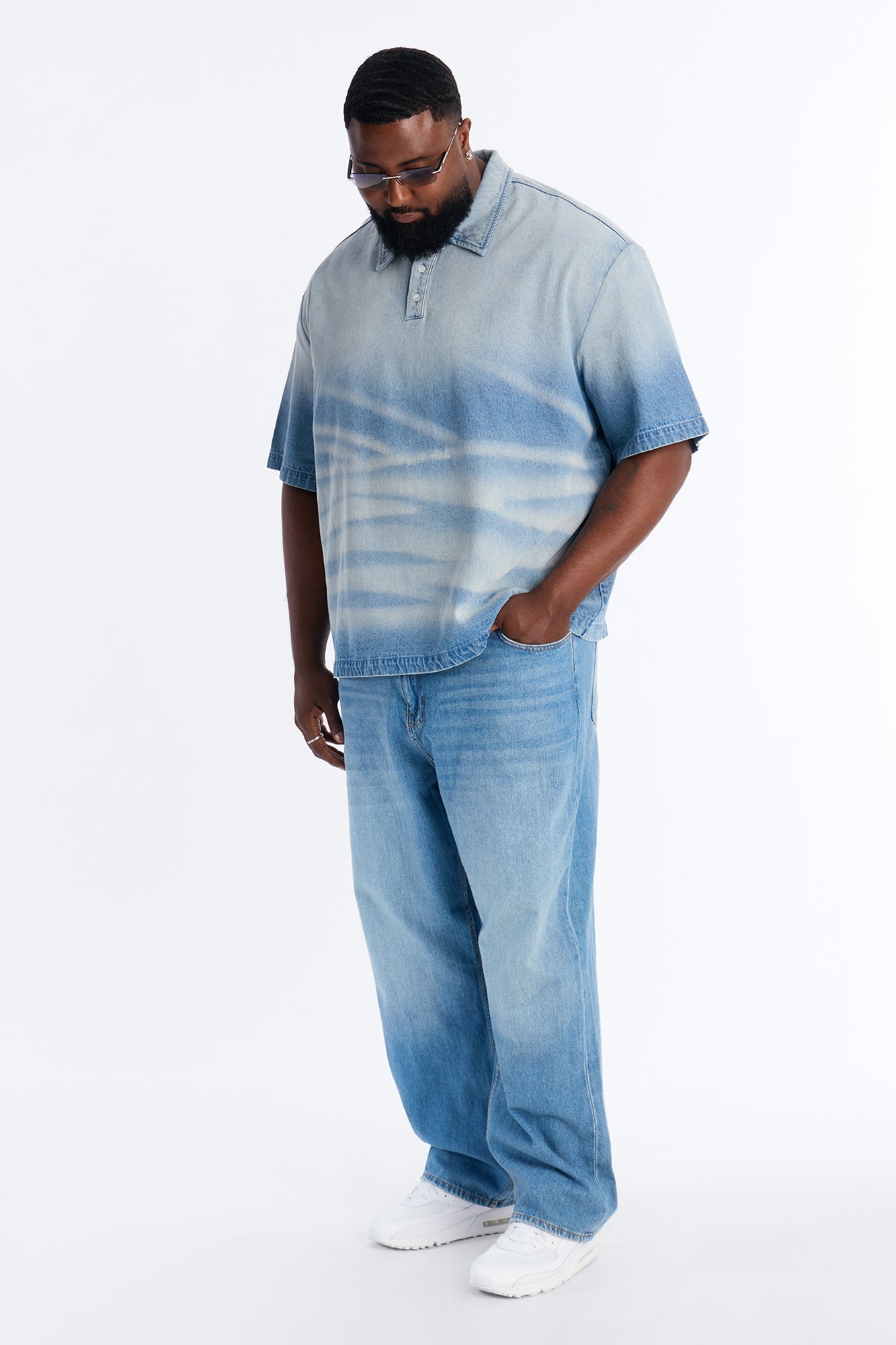 Boxy Faded Wave Denim Polo - Light Blue Wash
