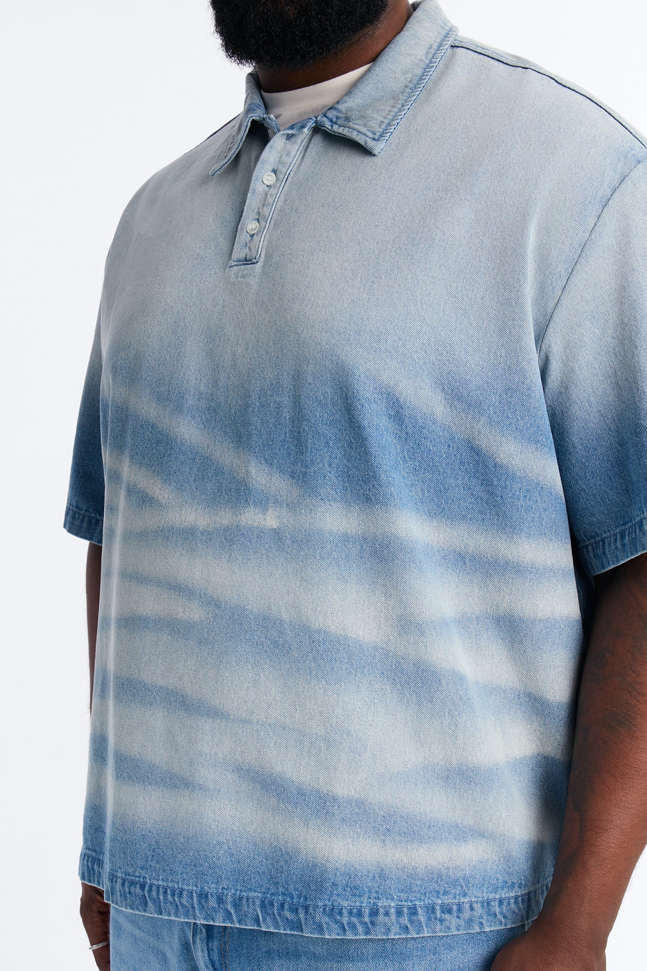 Boxy Faded Wave Denim Polo - Light Blue Wash
