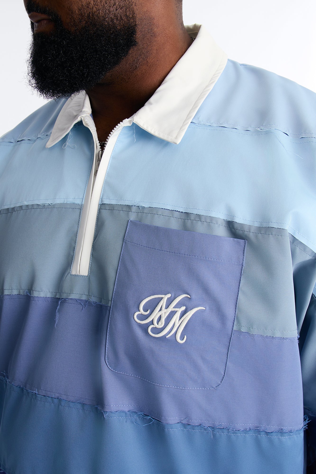 Oversized Frayed Zip Collar Polo - Blue