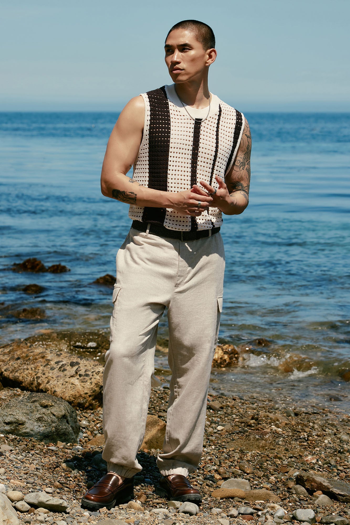 Multistriped Knit Muscle Tee - Cream/combo