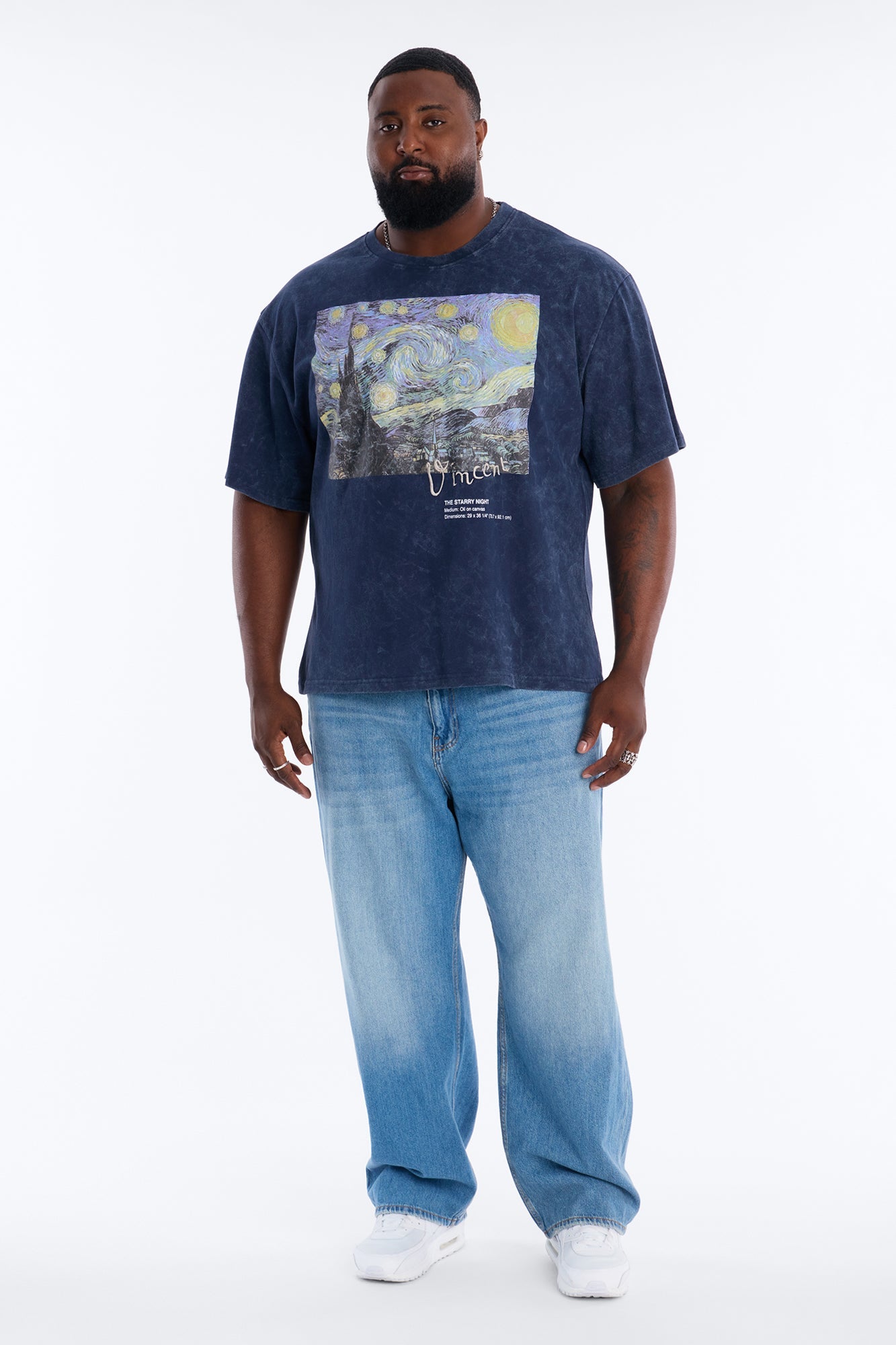Vincent Van Gogh Starry Night Embroidered Mineral Wash Fleece Tee - Navy